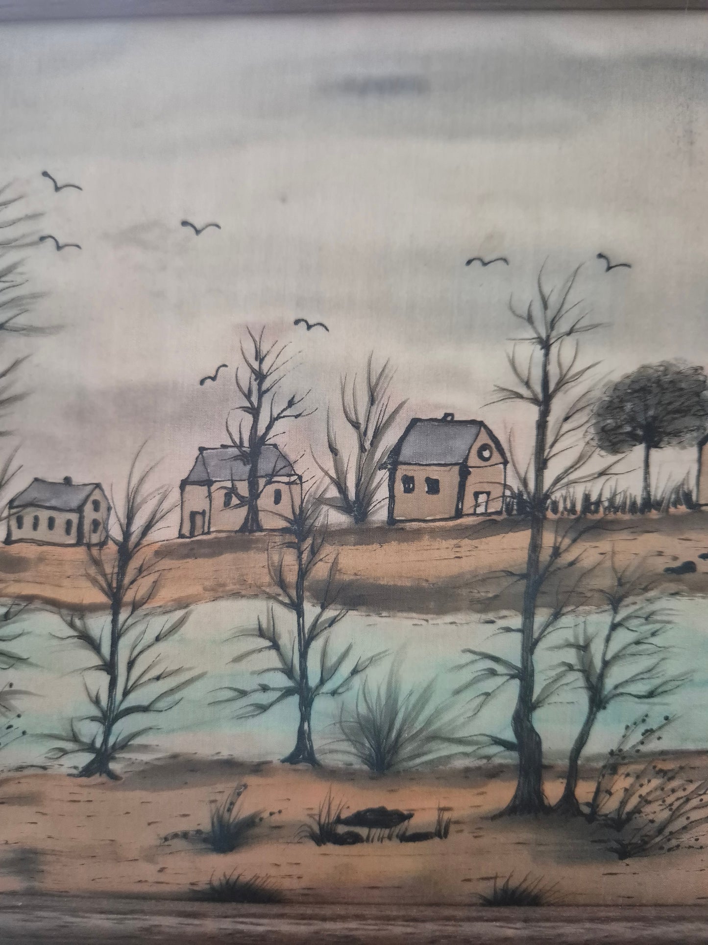 Maria Krah (XX) Seidenmalerei Naive Landschaft mit Häusern 19x24cm