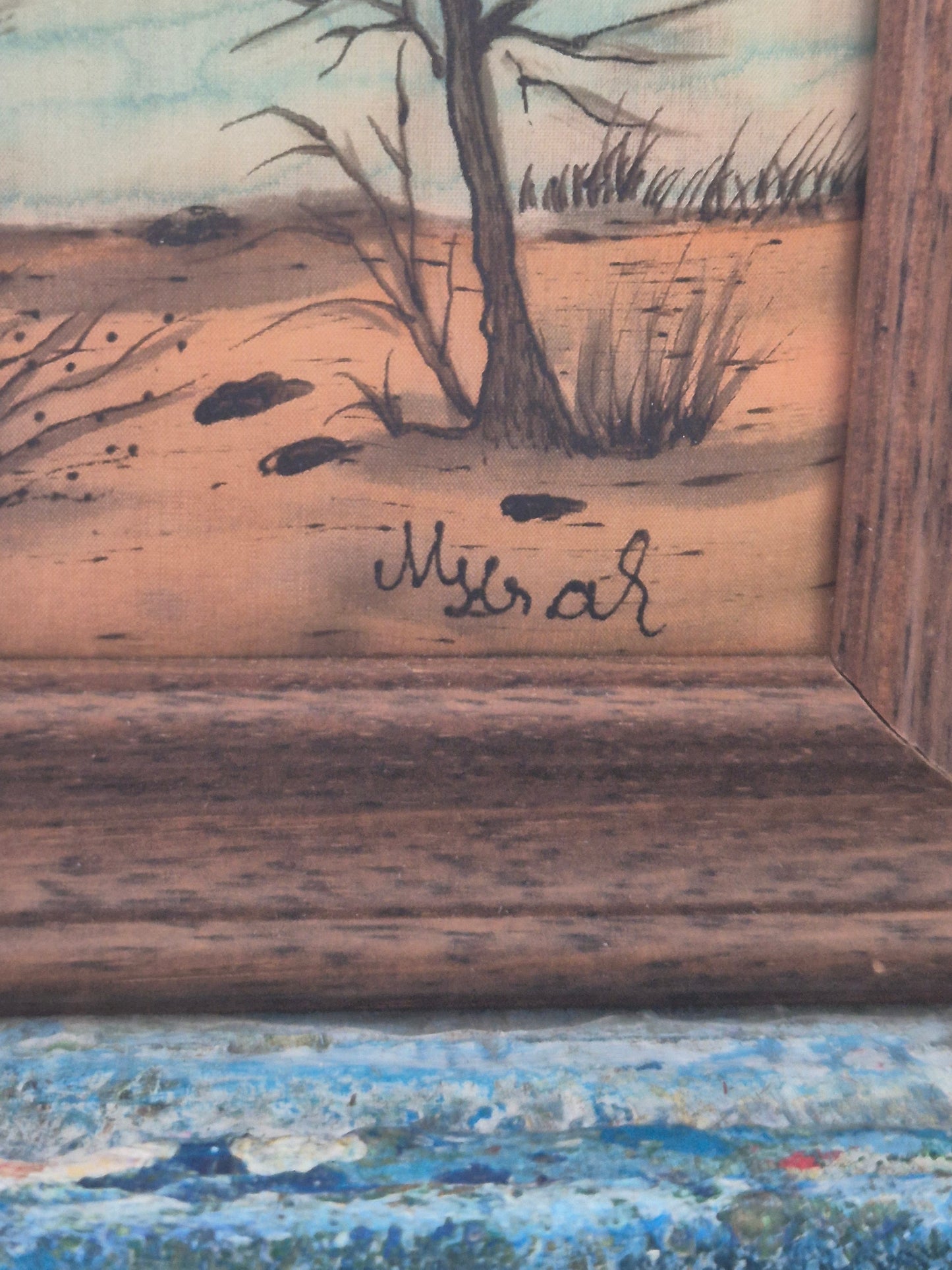 Maria Krah (XX) Seidenmalerei Naive Landschaft mit Häusern 19x24cm