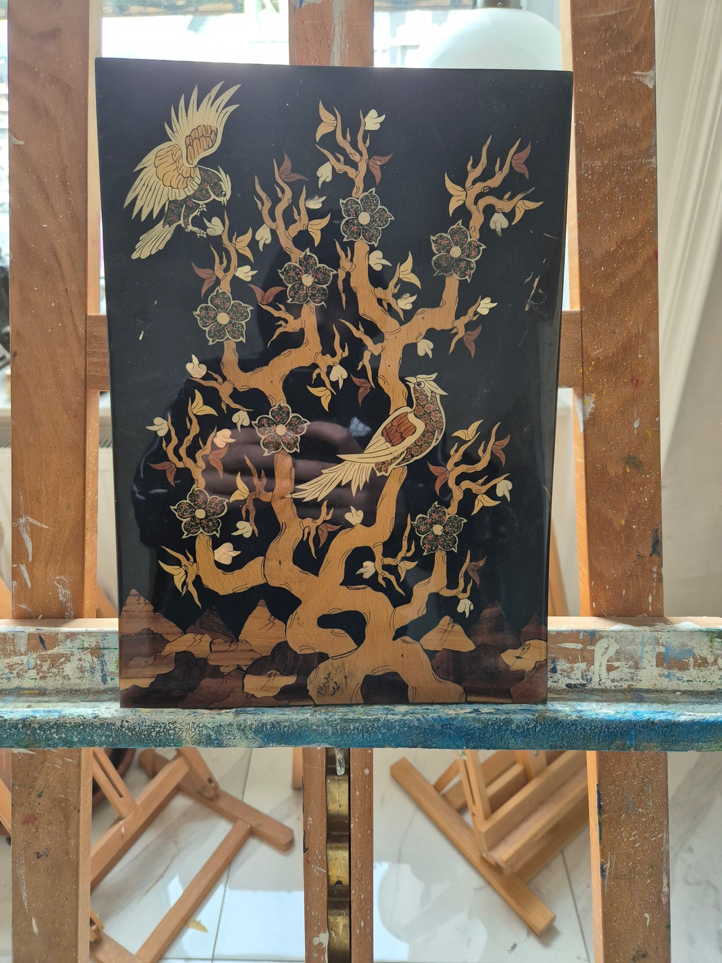 Naturdarstellung mit Vögeln und floralen Elementen 44x38cm