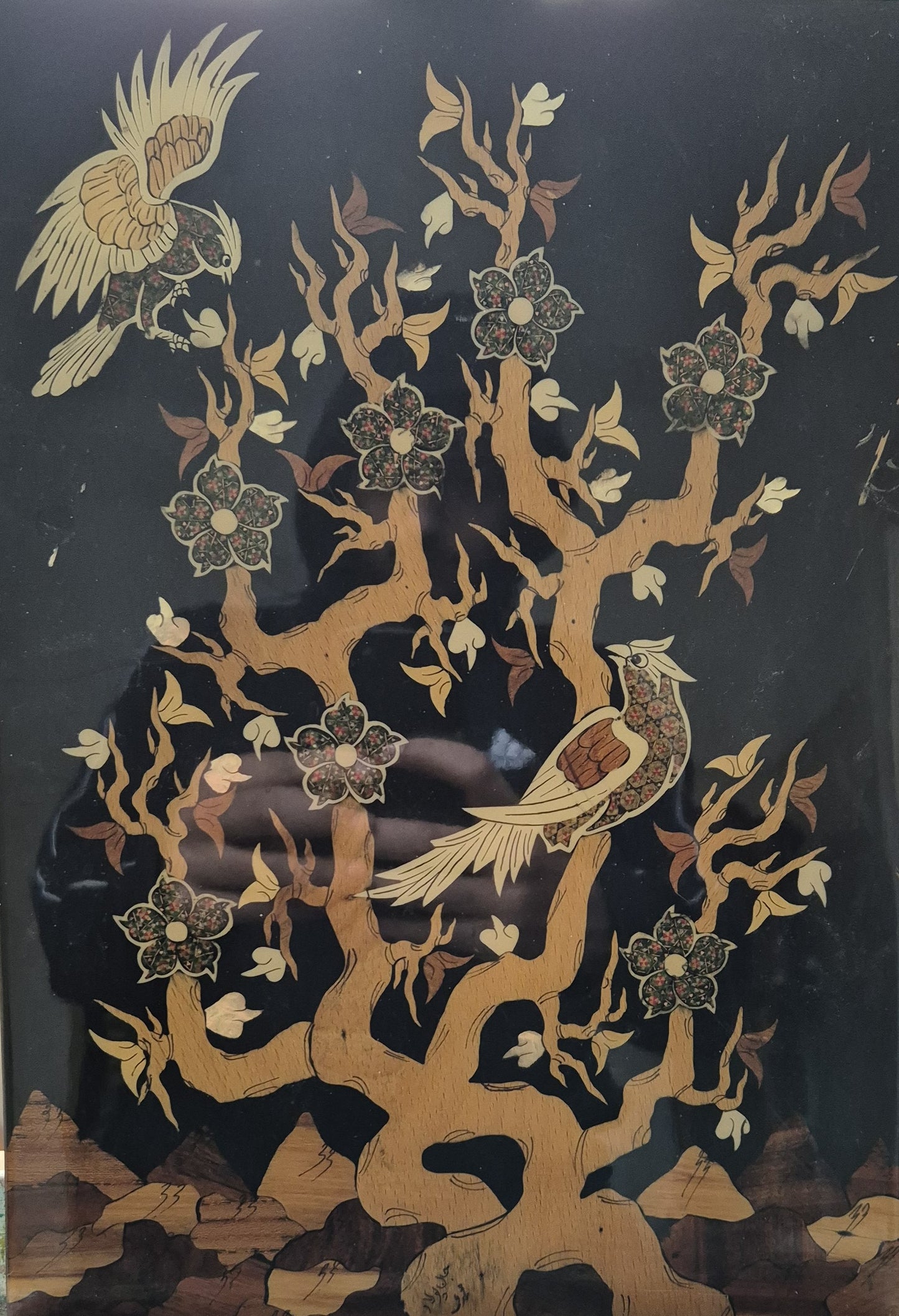 Naturdarstellung mit Vögeln und floralen Elementen 44x38cm