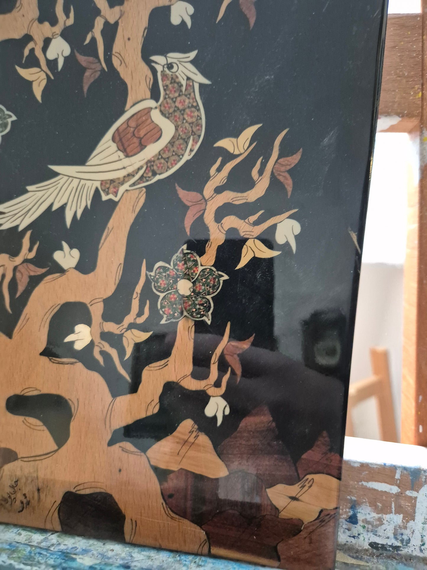 Naturdarstellung mit Vögeln und floralen Elementen 44x38cm