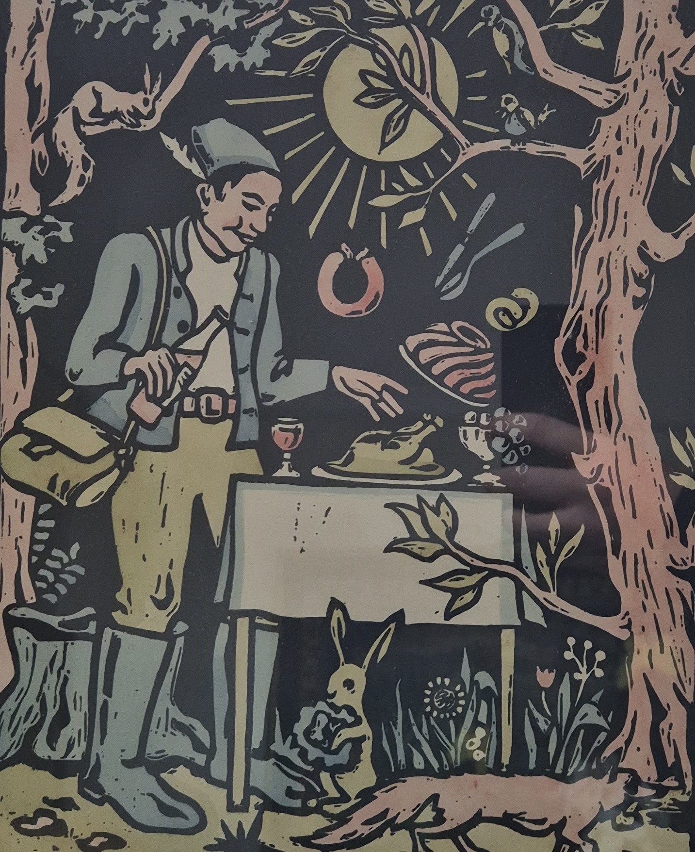 Original-Holzschnitt, handkoloriert, Jagdszene 44 x 38 cm