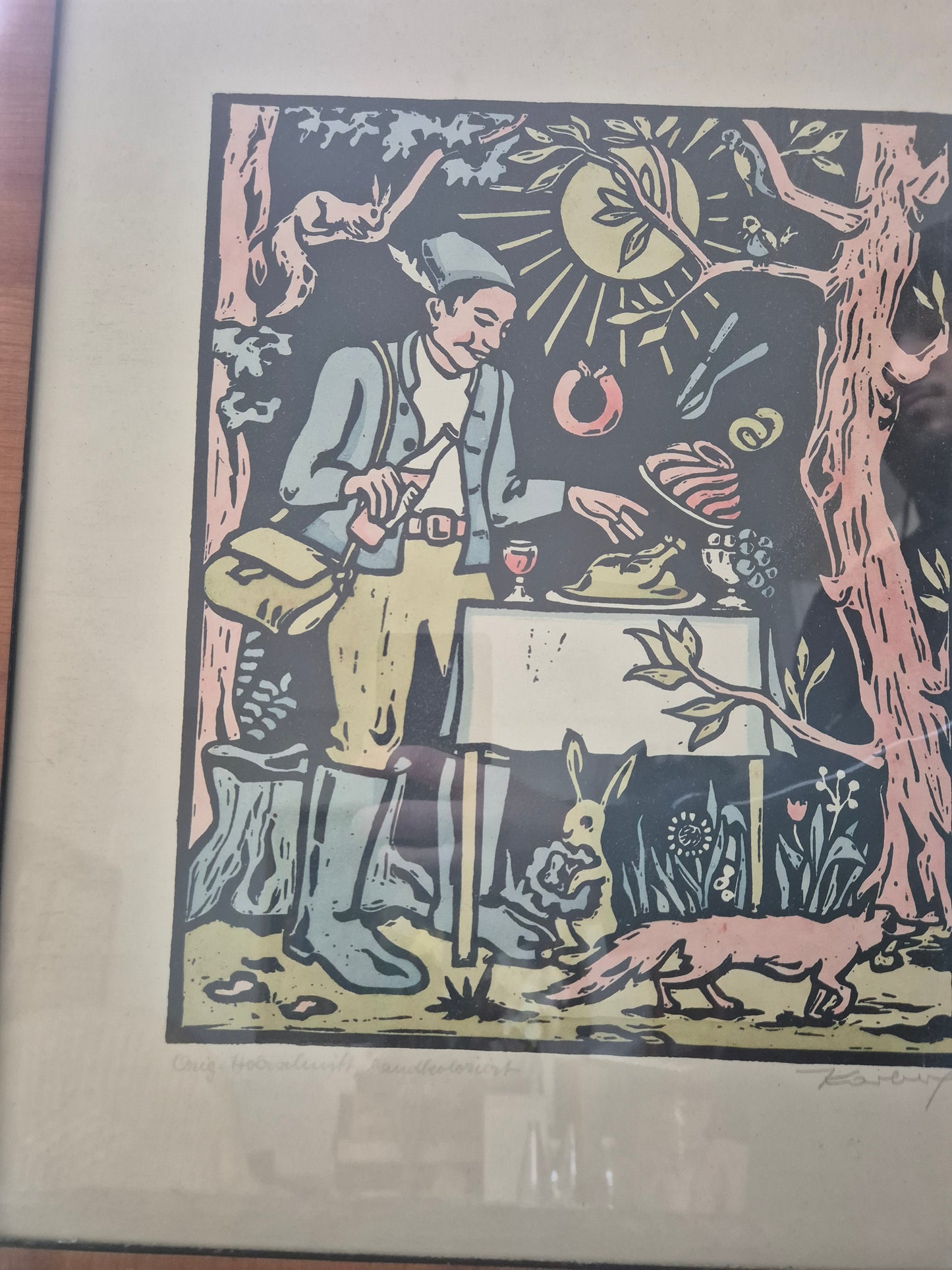 Original-Holzschnitt, handkoloriert, Jagdszene 44 x 38 cm