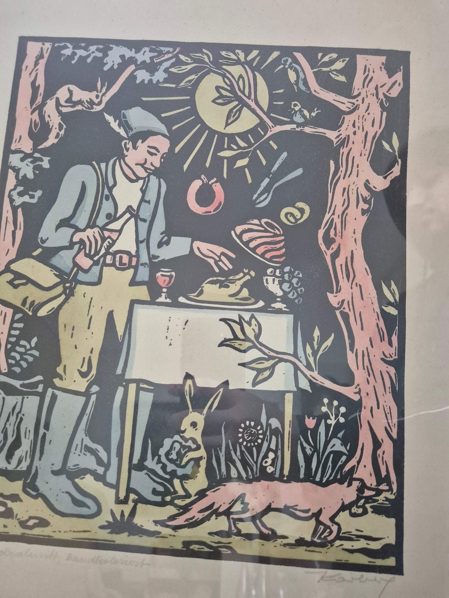 Original-Holzschnitt, handkoloriert, Jagdszene 44 x 38 cm