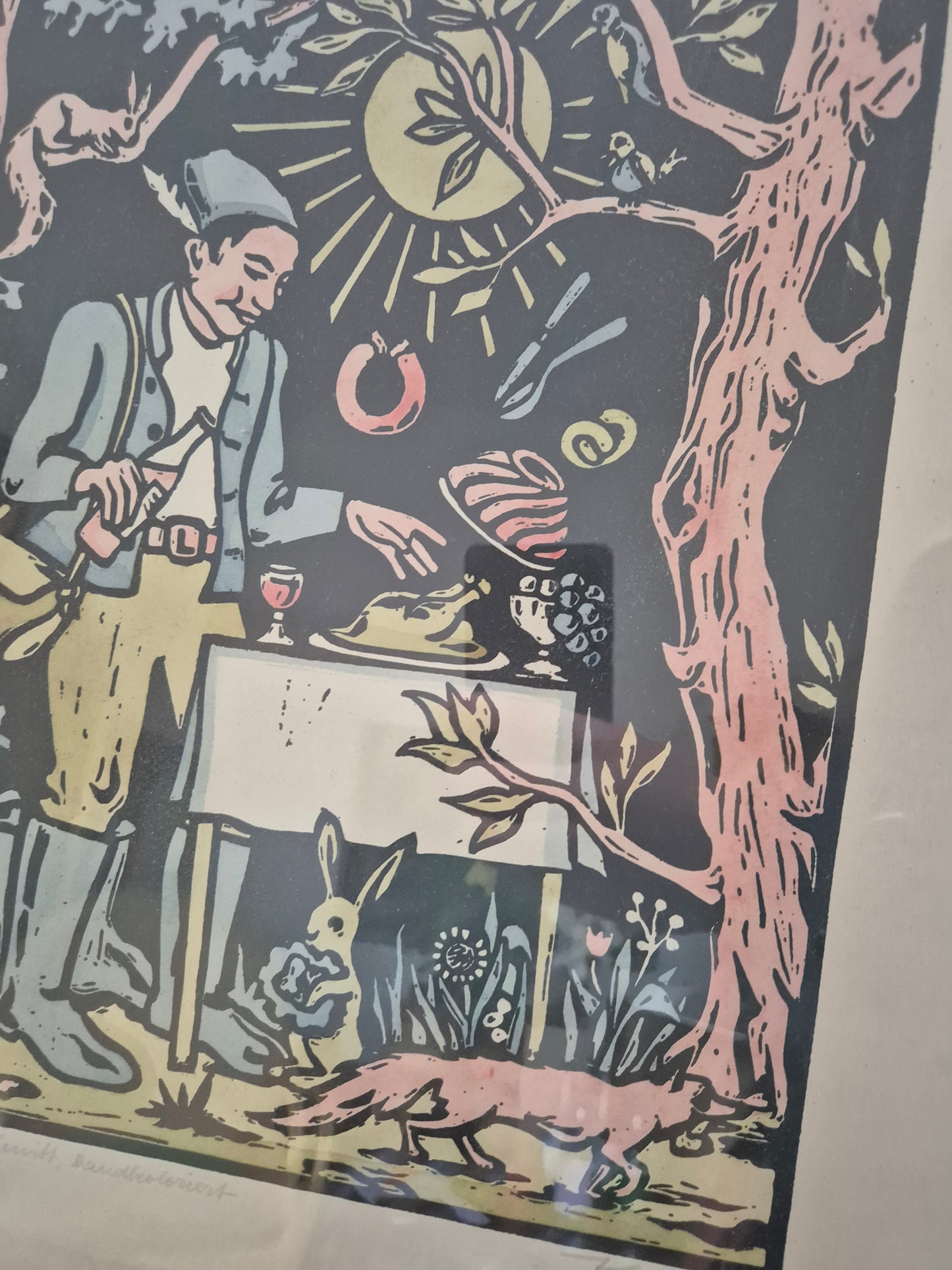 Original-Holzschnitt, handkoloriert, Jagdszene 44 x 38 cm