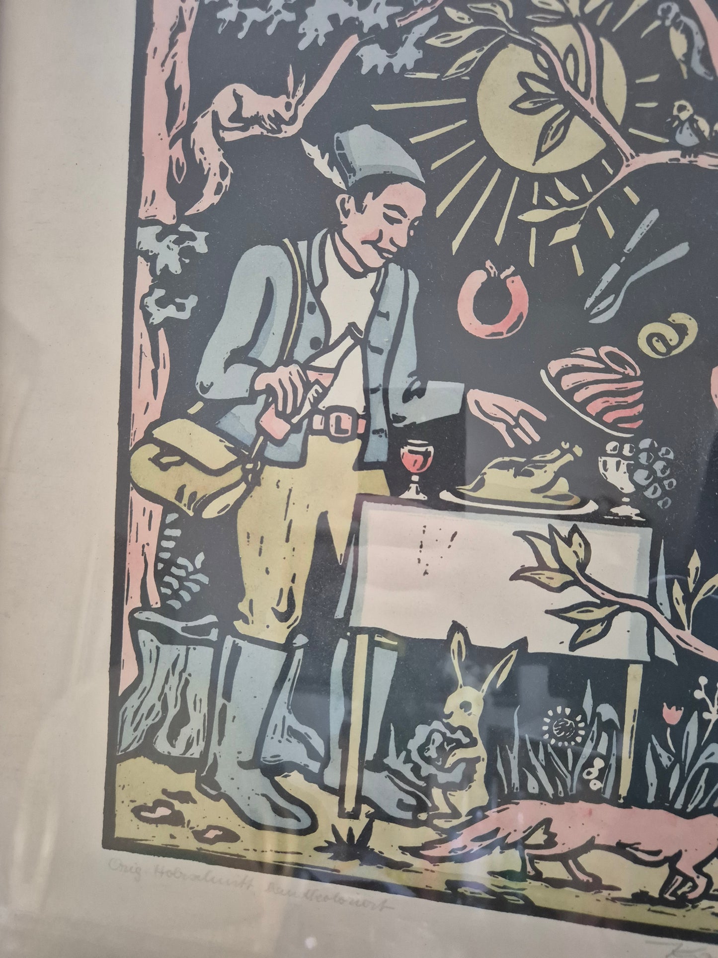 Original-Holzschnitt, handkoloriert, Jagdszene 44 x 38 cm