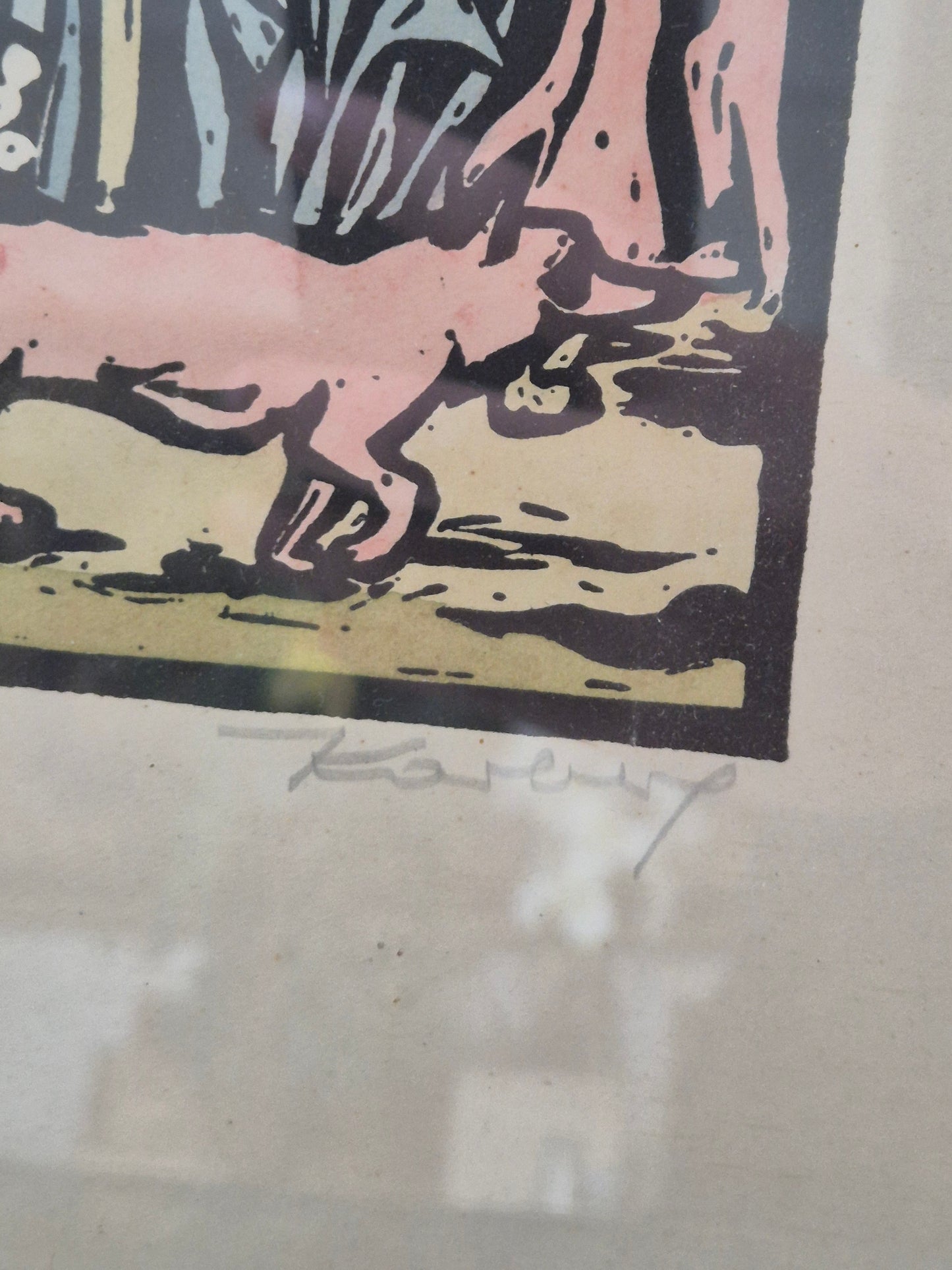 Original-Holzschnitt, handkoloriert, Jagdszene 44 x 38 cm