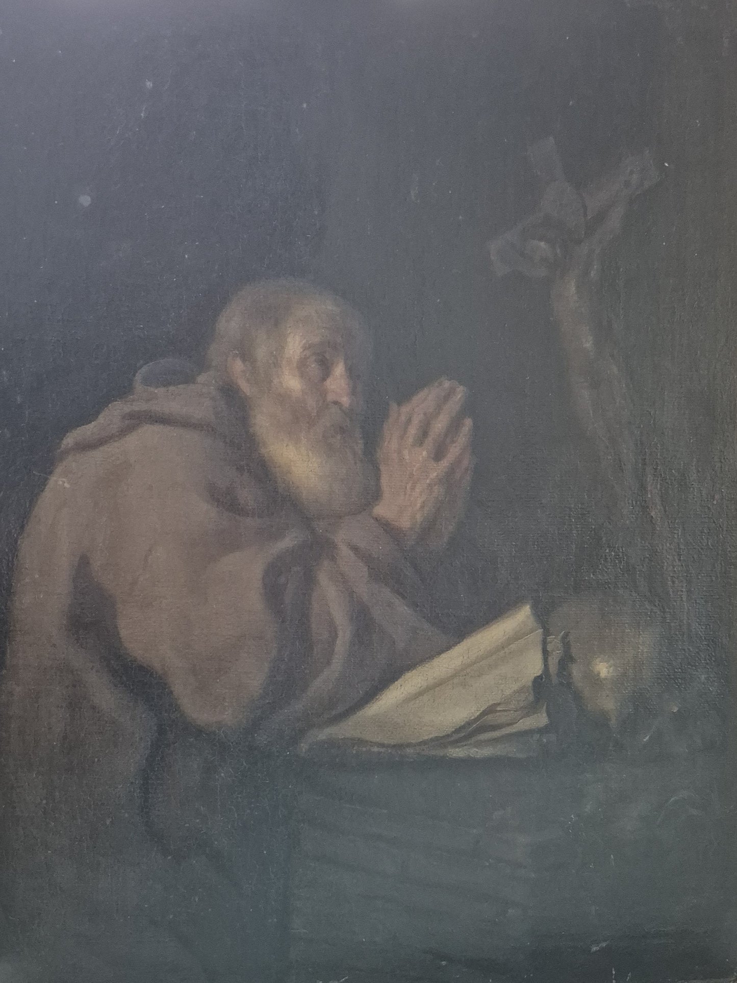 Betender Mönch mit Kruzifix, antikes Ölgemälde 32 x 27 cm