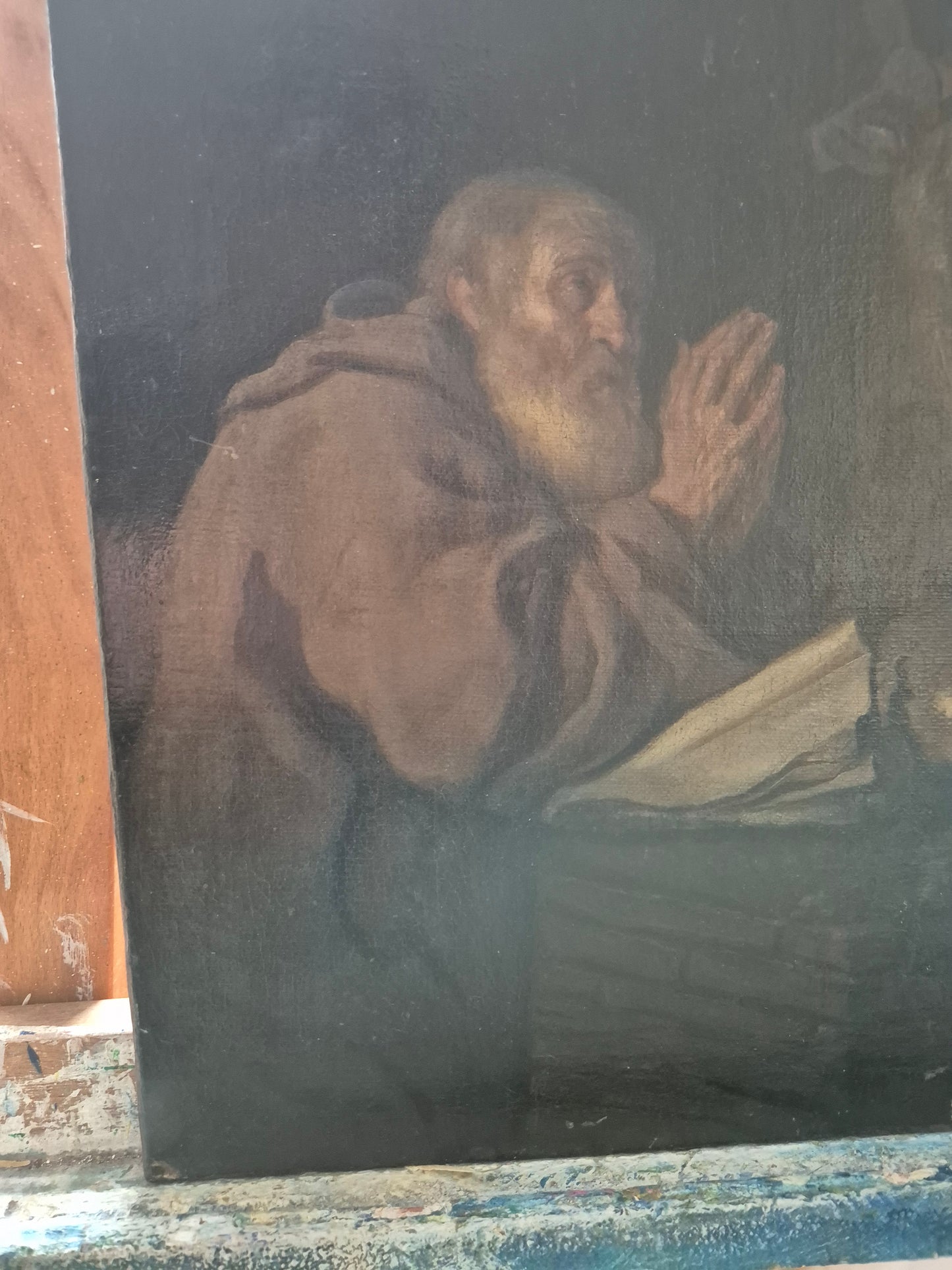 Betender Mönch mit Kruzifix, antikes Ölgemälde 32 x 27 cm