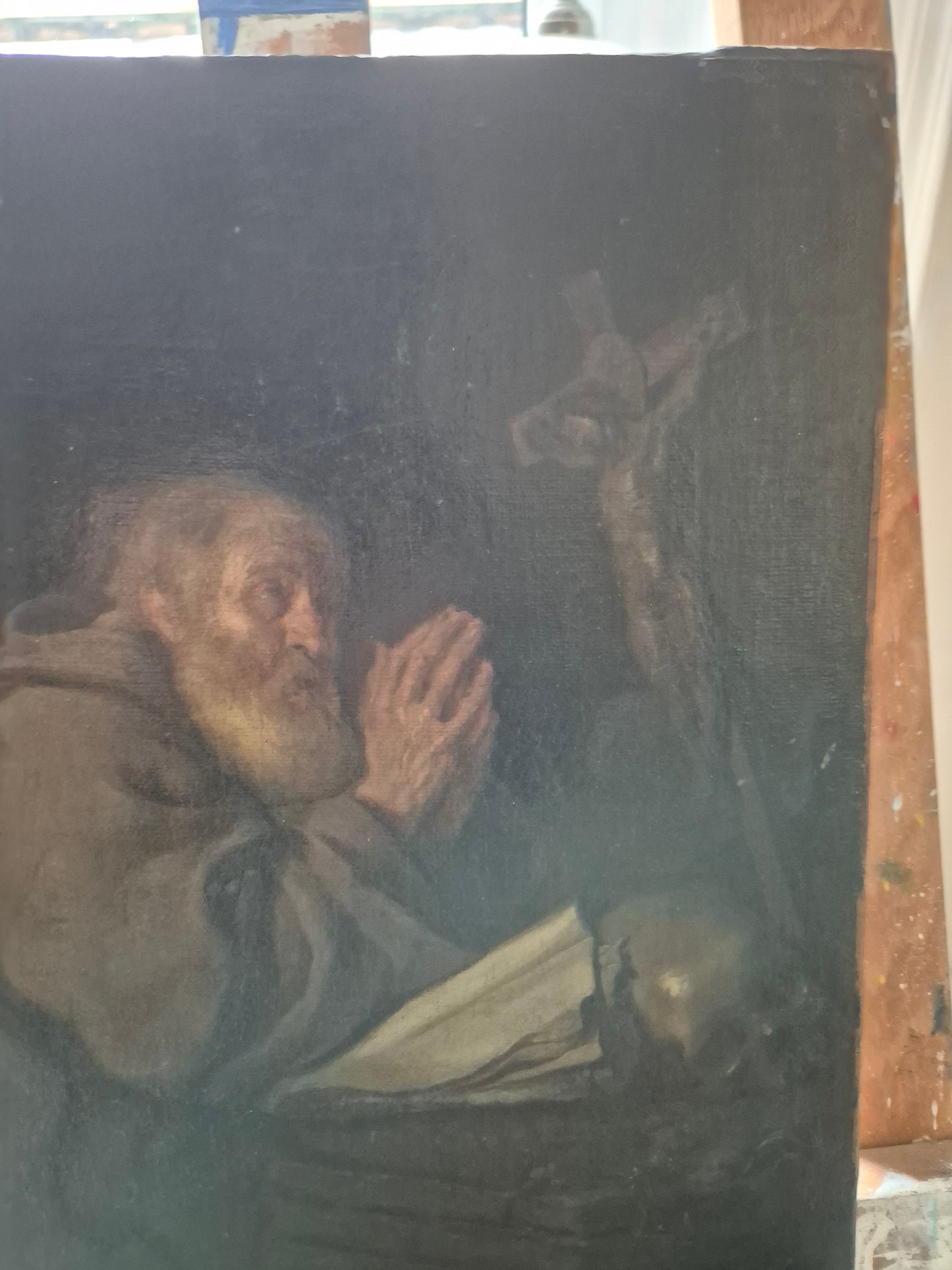 Betender Mönch mit Kruzifix, antikes Ölgemälde 32 x 27 cm