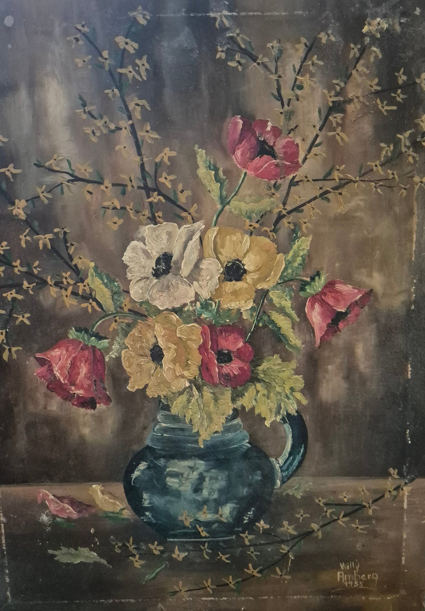 Willy Amberg (1955) Ölgemälde Blumenstilleben Handsigniert Datiert