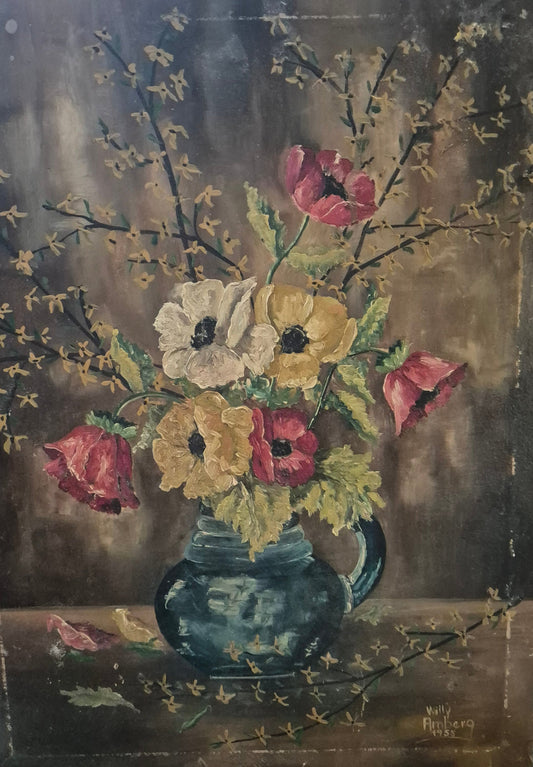 Willy Amberg (1955) Ölgemälde Blumenstilleben Handsigniert Datiert