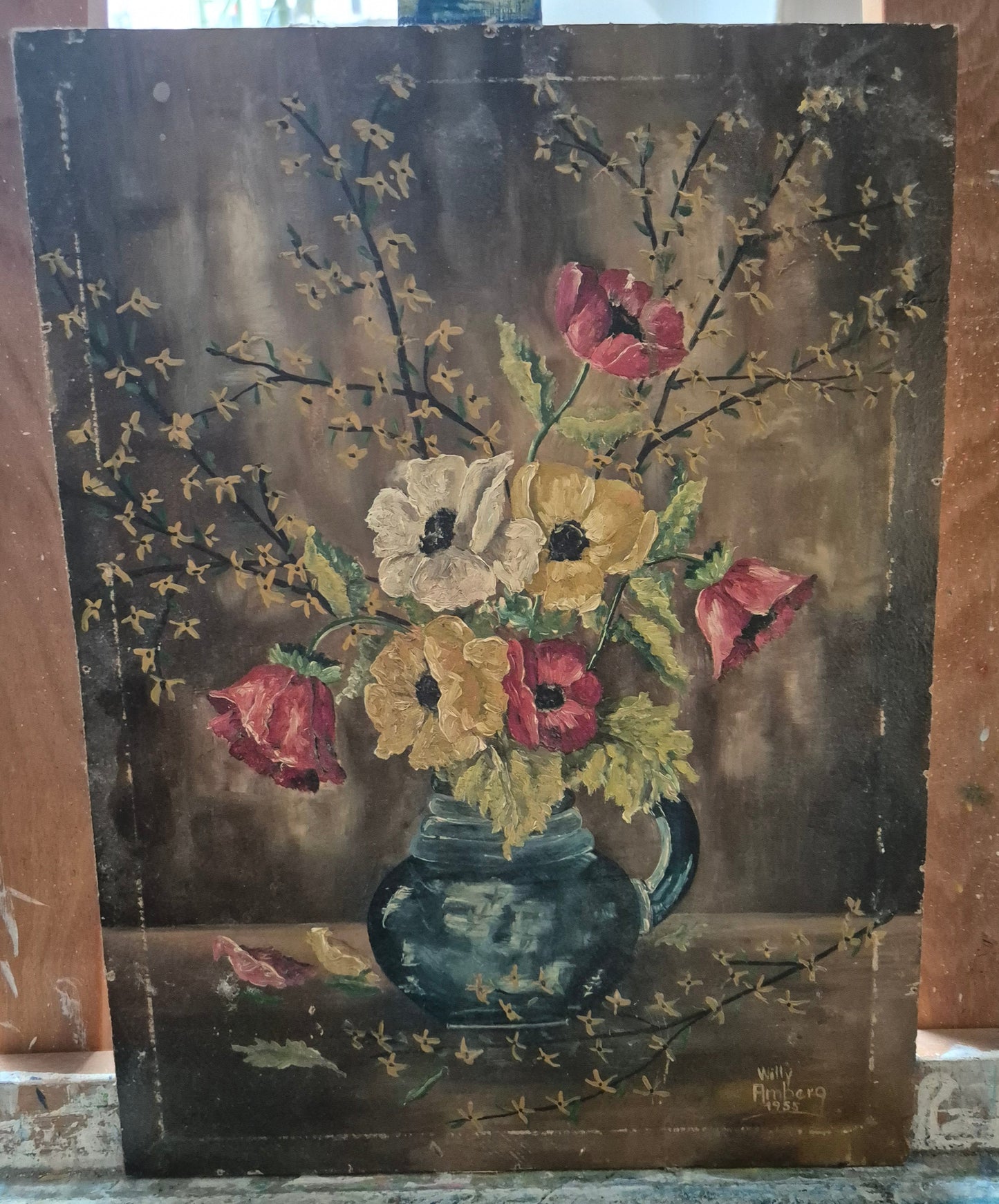 Willy Amberg (1955) Ölgemälde Blumenstilleben Handsigniert Datiert