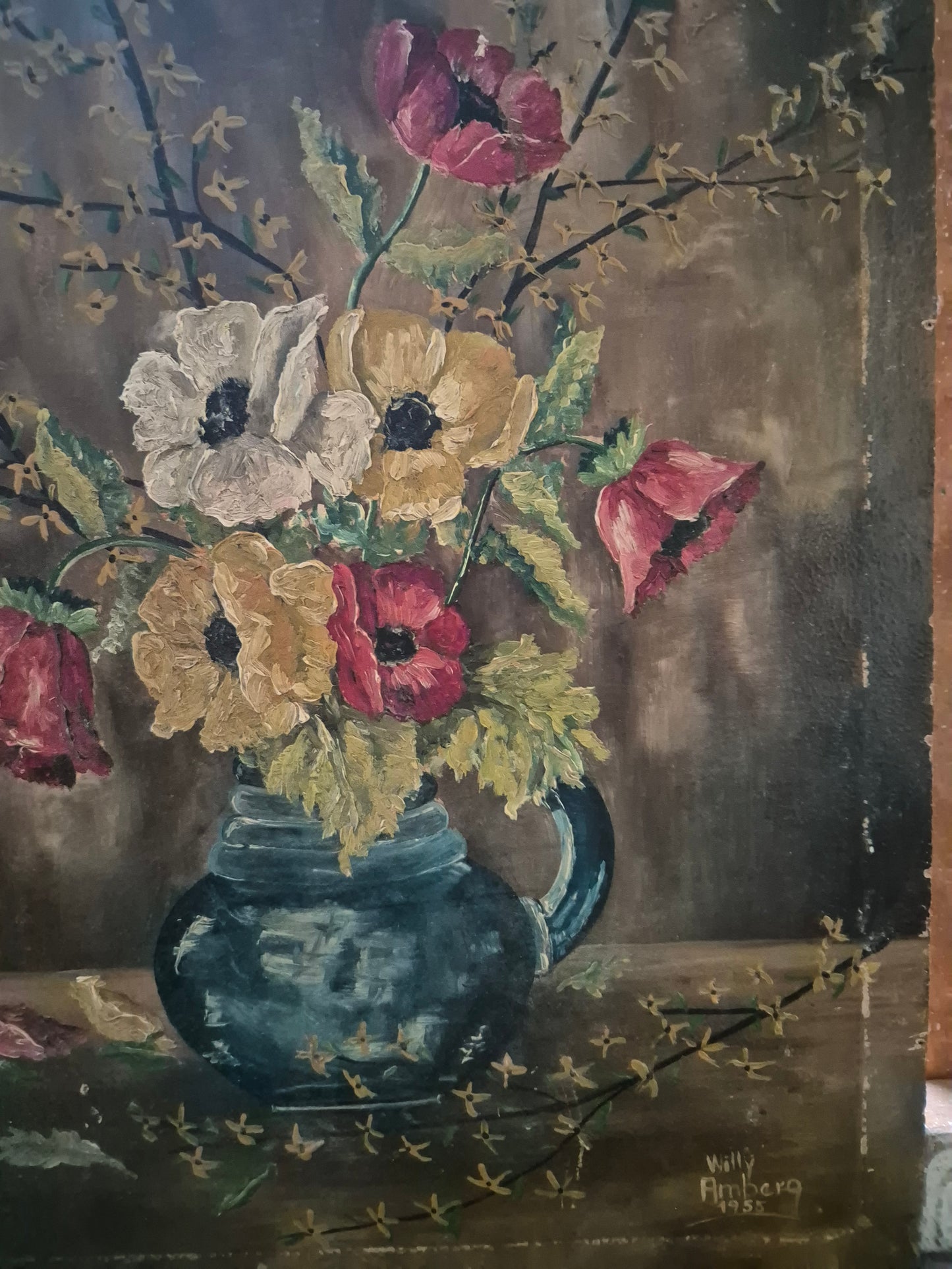 Willy Amberg (1955) Ölgemälde Blumenstilleben Handsigniert Datiert