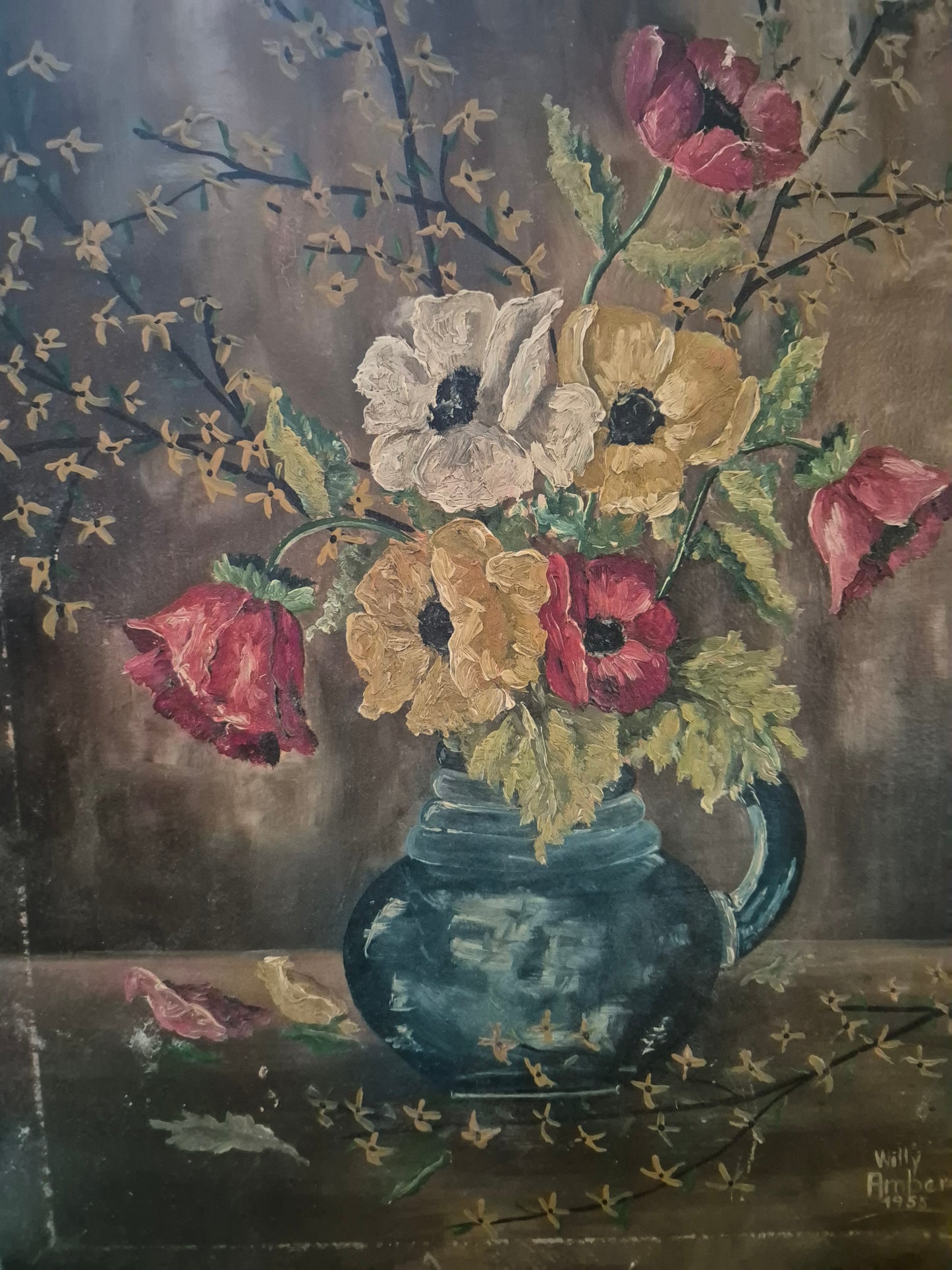 Willy Amberg (1955) Ölgemälde Blumenstilleben Handsigniert Datiert