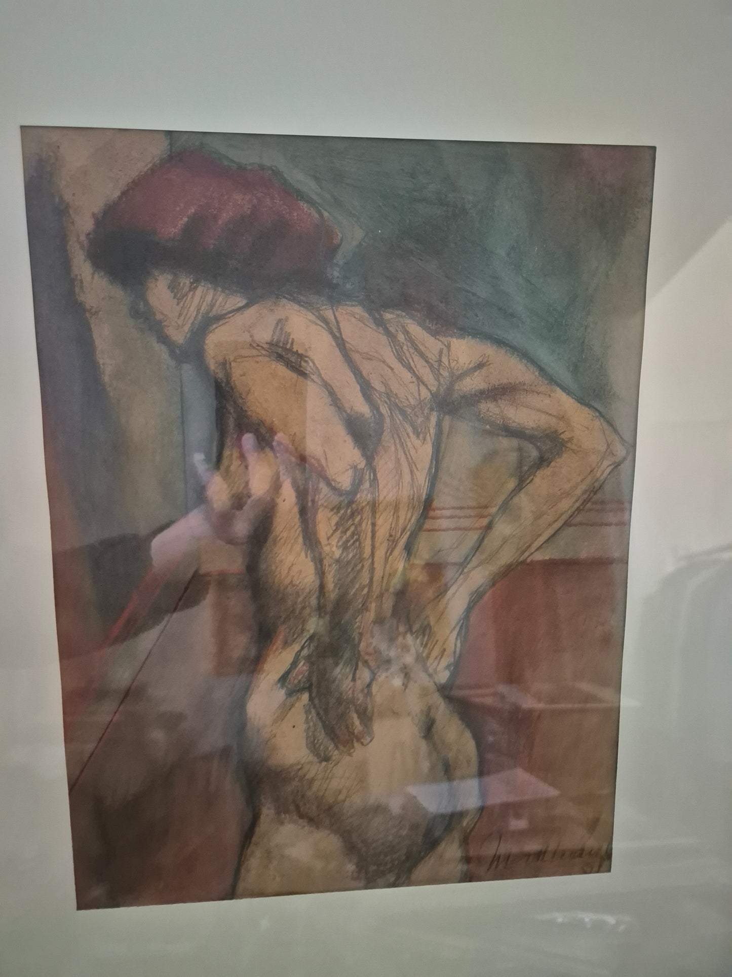 Grafik (XX) Stehender Frauenakt von Hinten Gerahmt hinter Glas