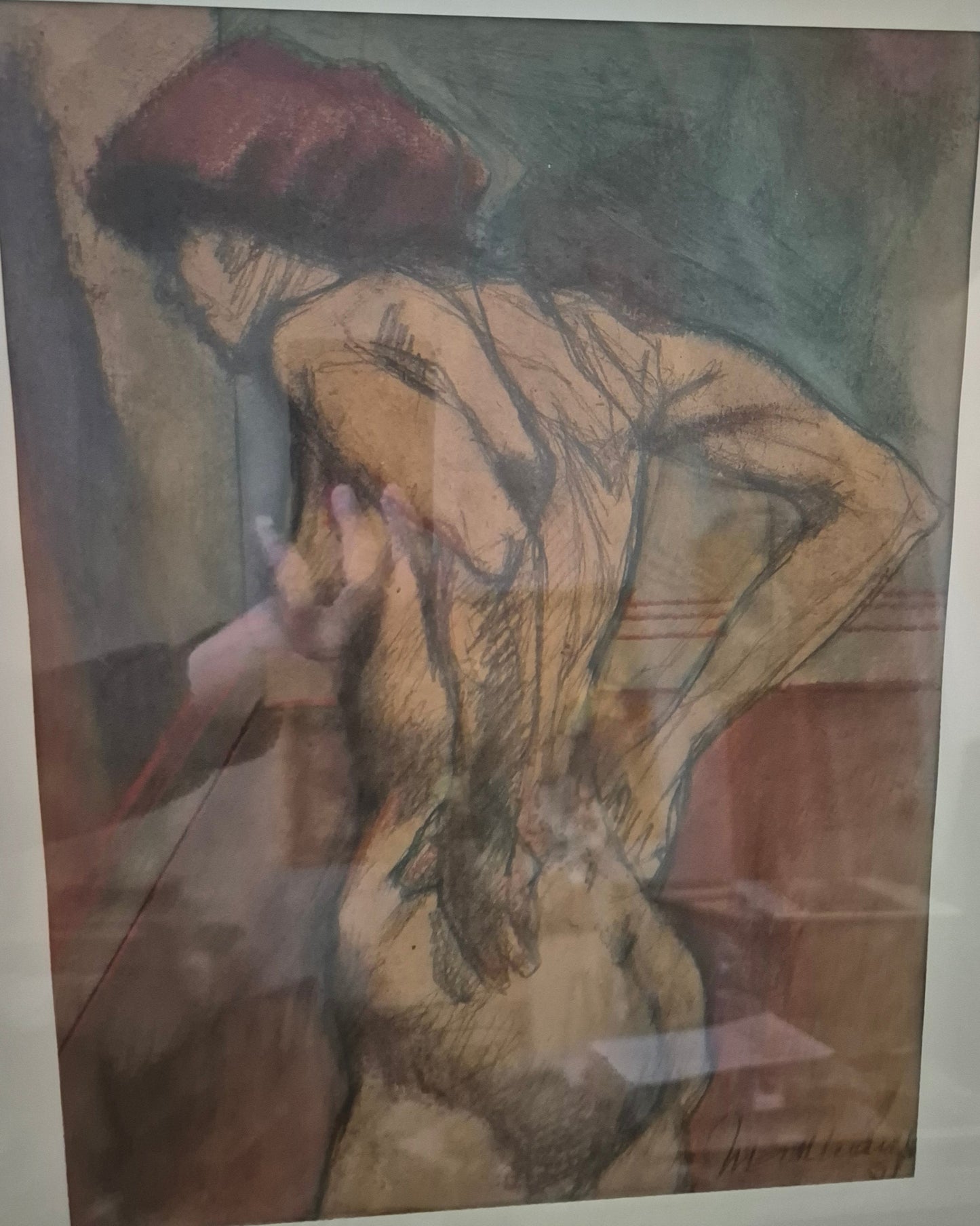 Grafik (XX) Stehender Frauenakt von Hinten Gerahmt hinter Glas