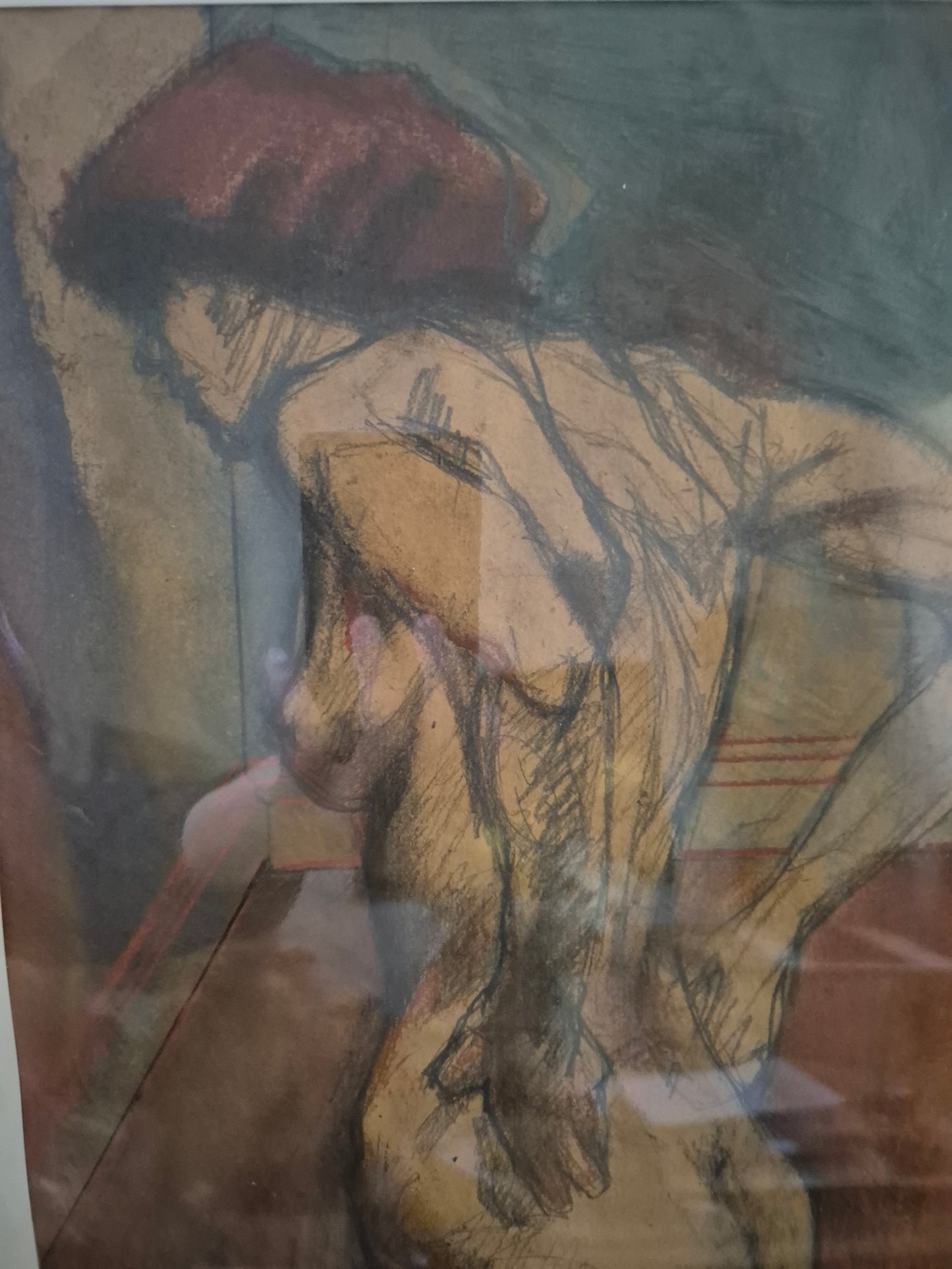 Grafik (XX) Stehender Frauenakt von Hinten Gerahmt hinter Glas