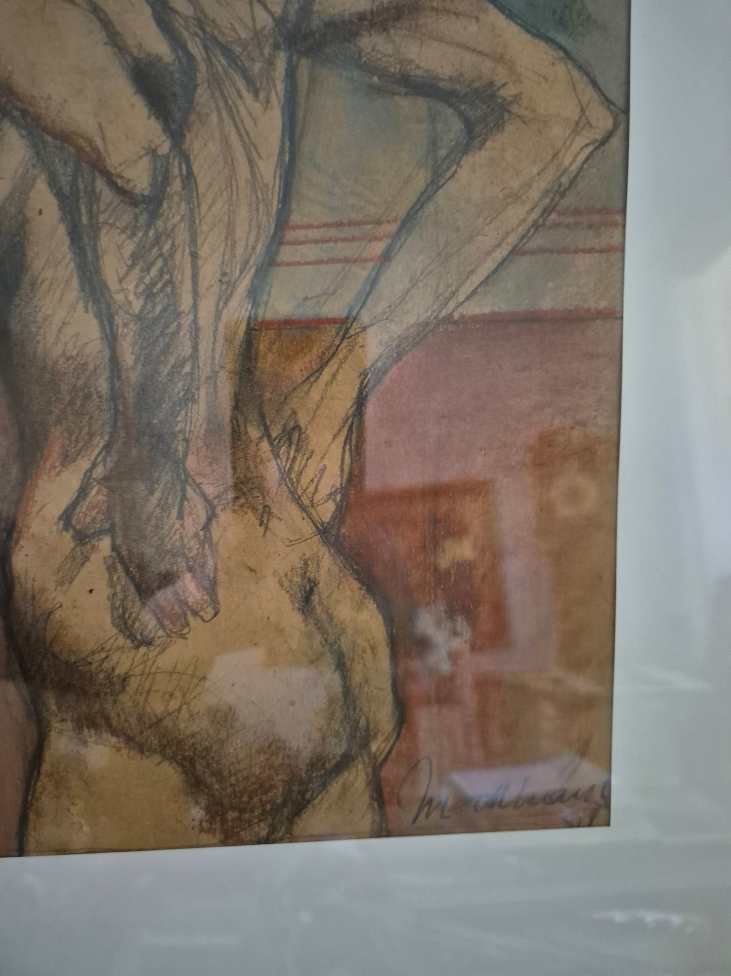 Grafik (XX) Stehender Frauenakt von Hinten Gerahmt hinter Glas