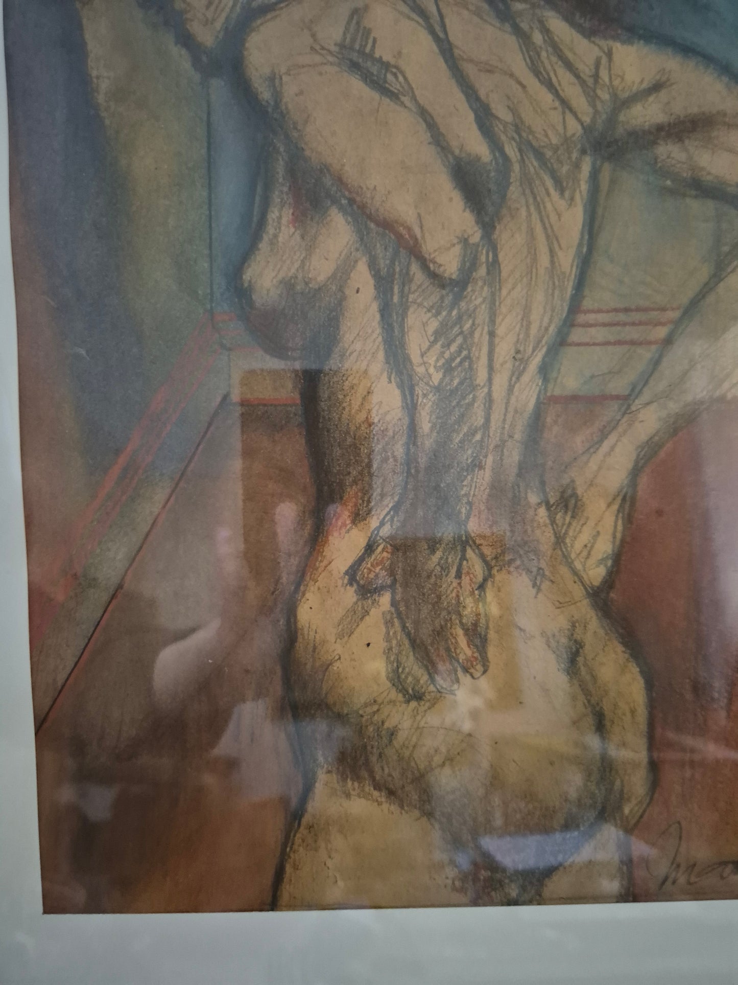 Grafik (XX) Stehender Frauenakt von Hinten Gerahmt hinter Glas