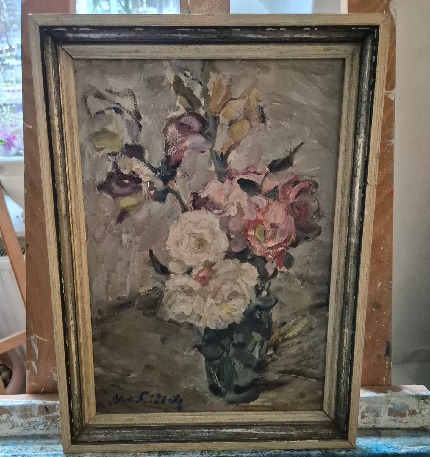 Europäische Schule (XX) Ölgemälde Handsigniert Blumenstillleben 46x36cm