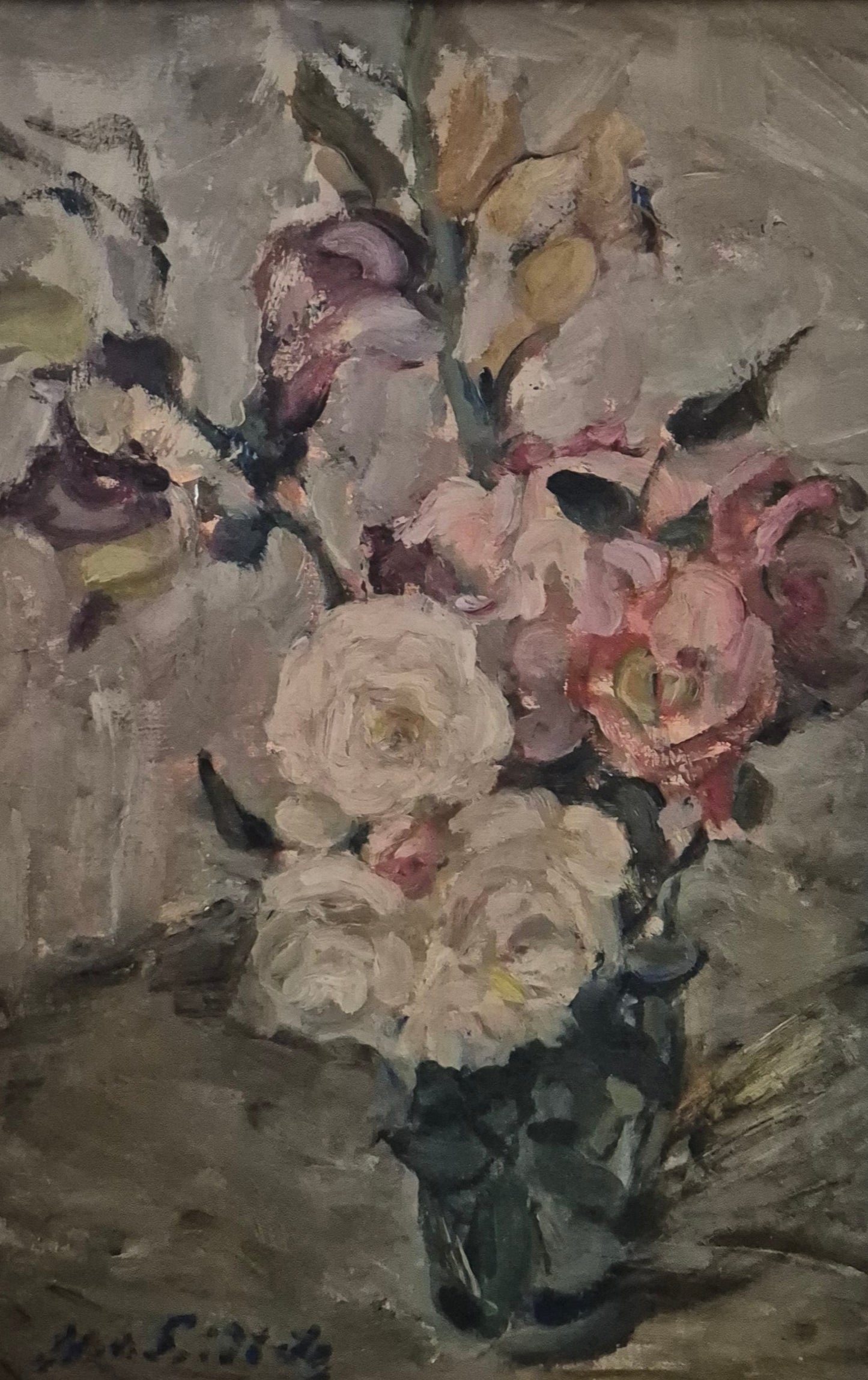 Europäische Schule (XX) Ölgemälde Handsigniert Blumenstillleben 46x36cm