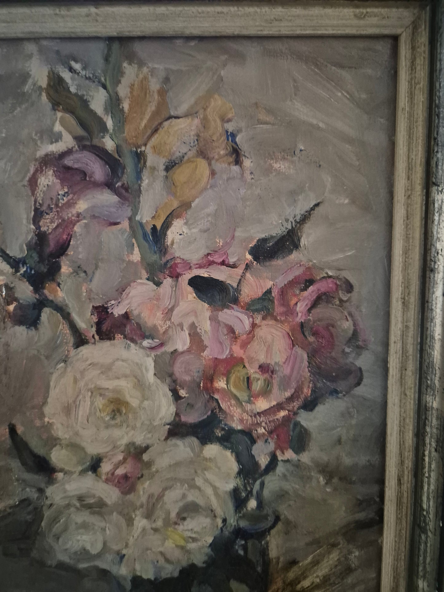 Europäische Schule (XX) Ölgemälde Handsigniert Blumenstillleben 46x36cm