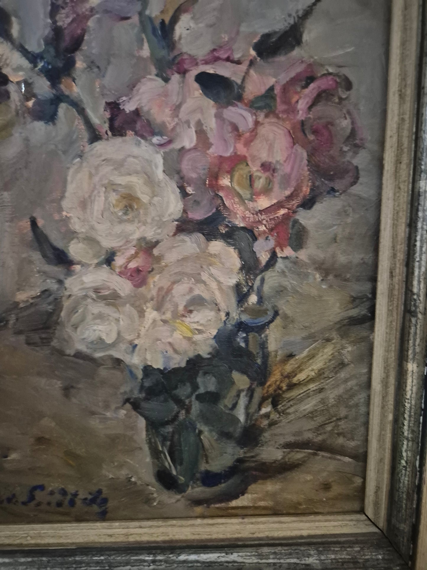 Europäische Schule (XX) Ölgemälde Handsigniert Blumenstillleben 46x36cm