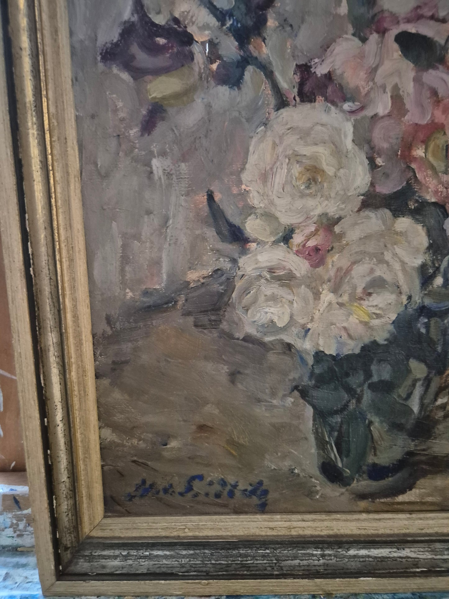 Europäische Schule (XX) Ölgemälde Handsigniert Blumenstillleben 46x36cm