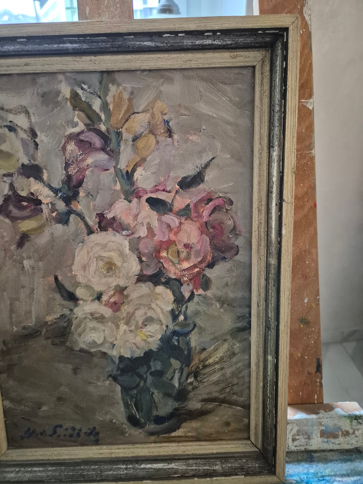 Europäische Schule (XX) Ölgemälde Handsigniert Blumenstillleben 46x36cm