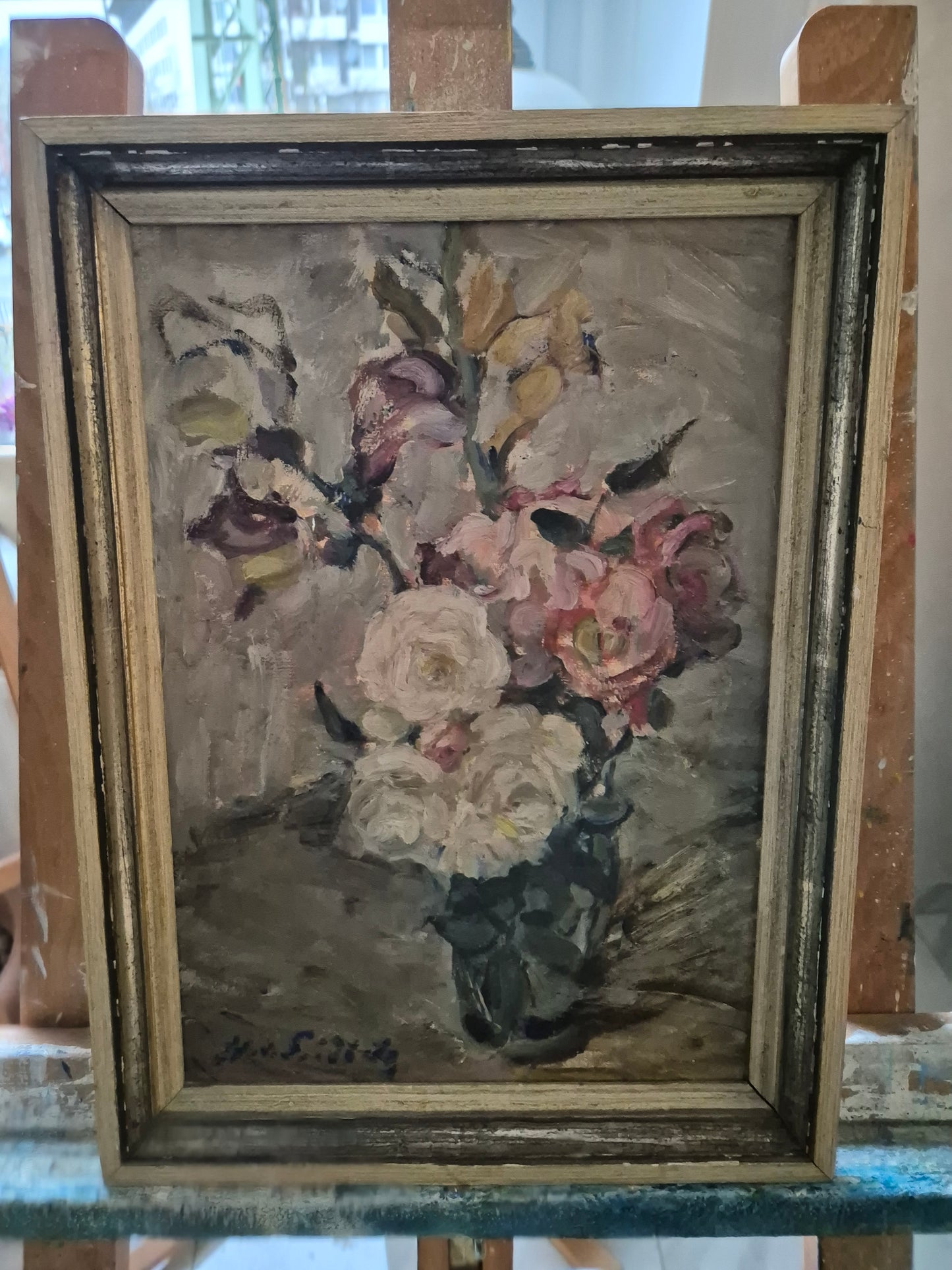 Europäische Schule (XX) Ölgemälde Handsigniert Blumenstillleben 46x36cm