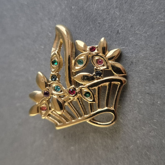 Vergoldete Blumen-Brosche mit bunten Steinen – Eleganter Vintage-Schmuck