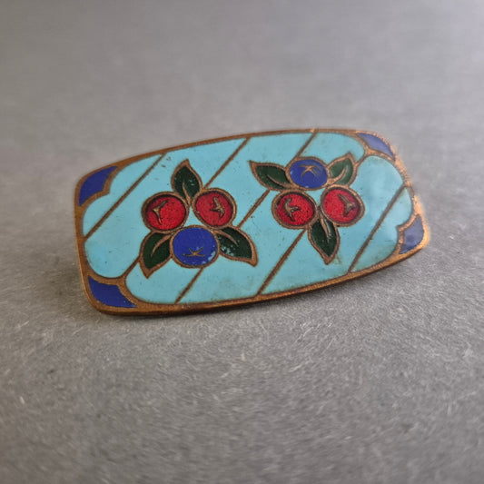 Antike emaillierte Brosche – Florales Design auf himmelblauem Grund