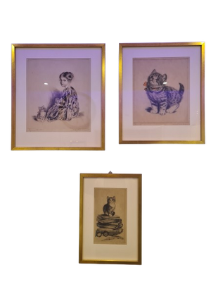Katzenmütterchen Original Radierung 3er Set Malerei signiert 40x30cm