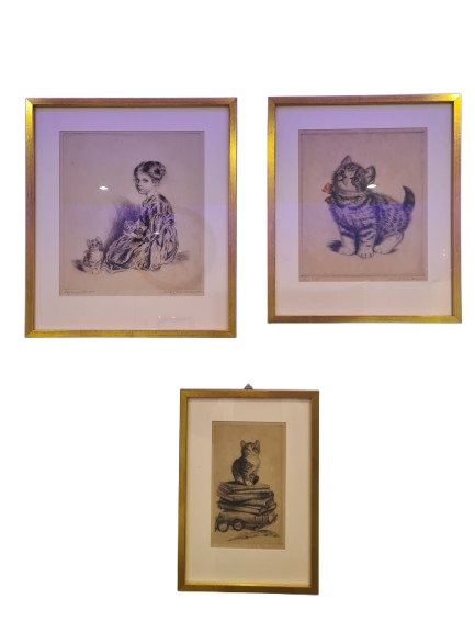 Katzenmütterchen Original Radierung 3er Set Malerei signiert 40x30cm