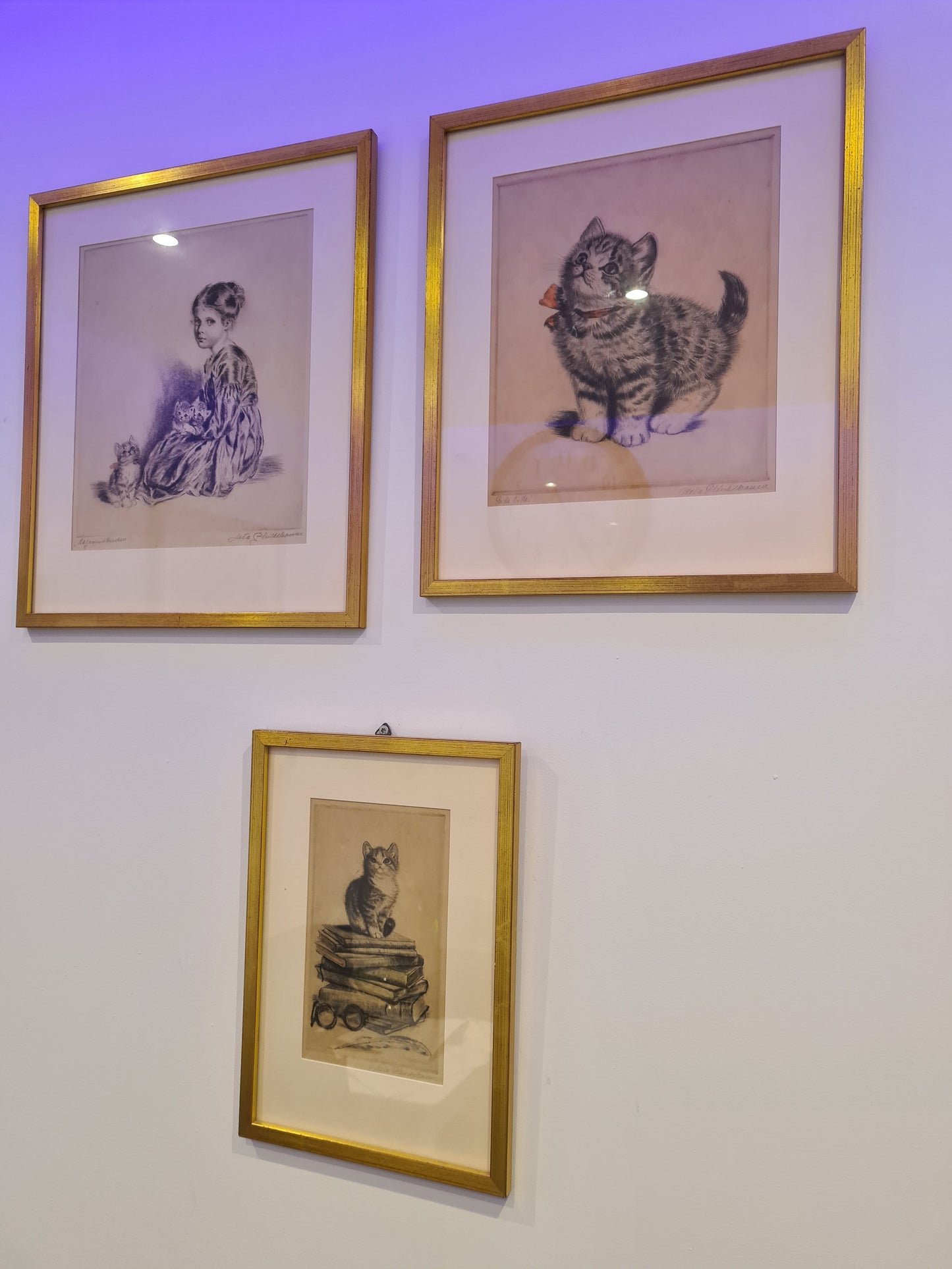 Katzenmütterchen Original Radierung 3er Set Malerei signiert 40x30cm