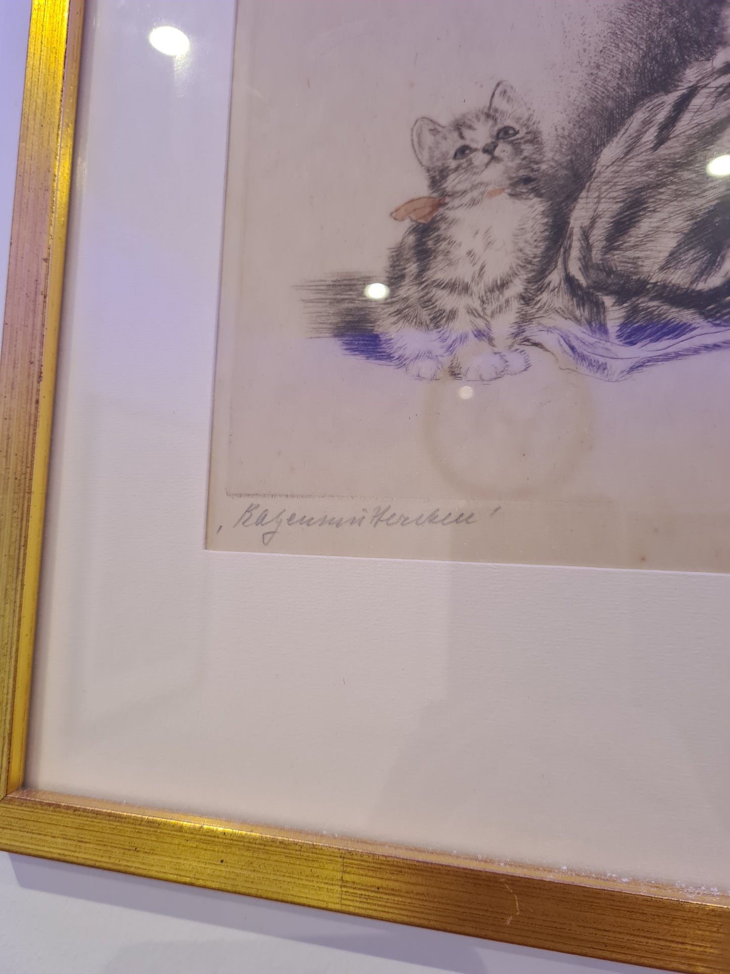 Katzenmütterchen Original Radierung 3er Set Malerei signiert 40x30cm