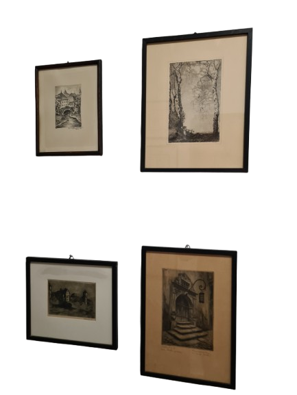 Original Radierung 4er set Landschaft Malerei Holzrahmen 30x34cm