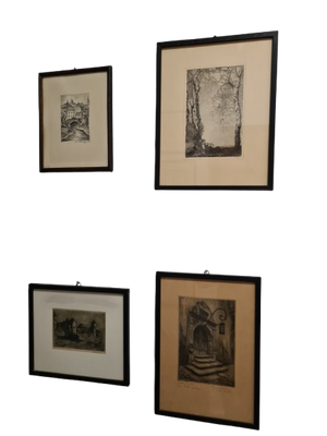 Original Radierung 4er set Landschaft Malerei Holzrahmen 30x34cm