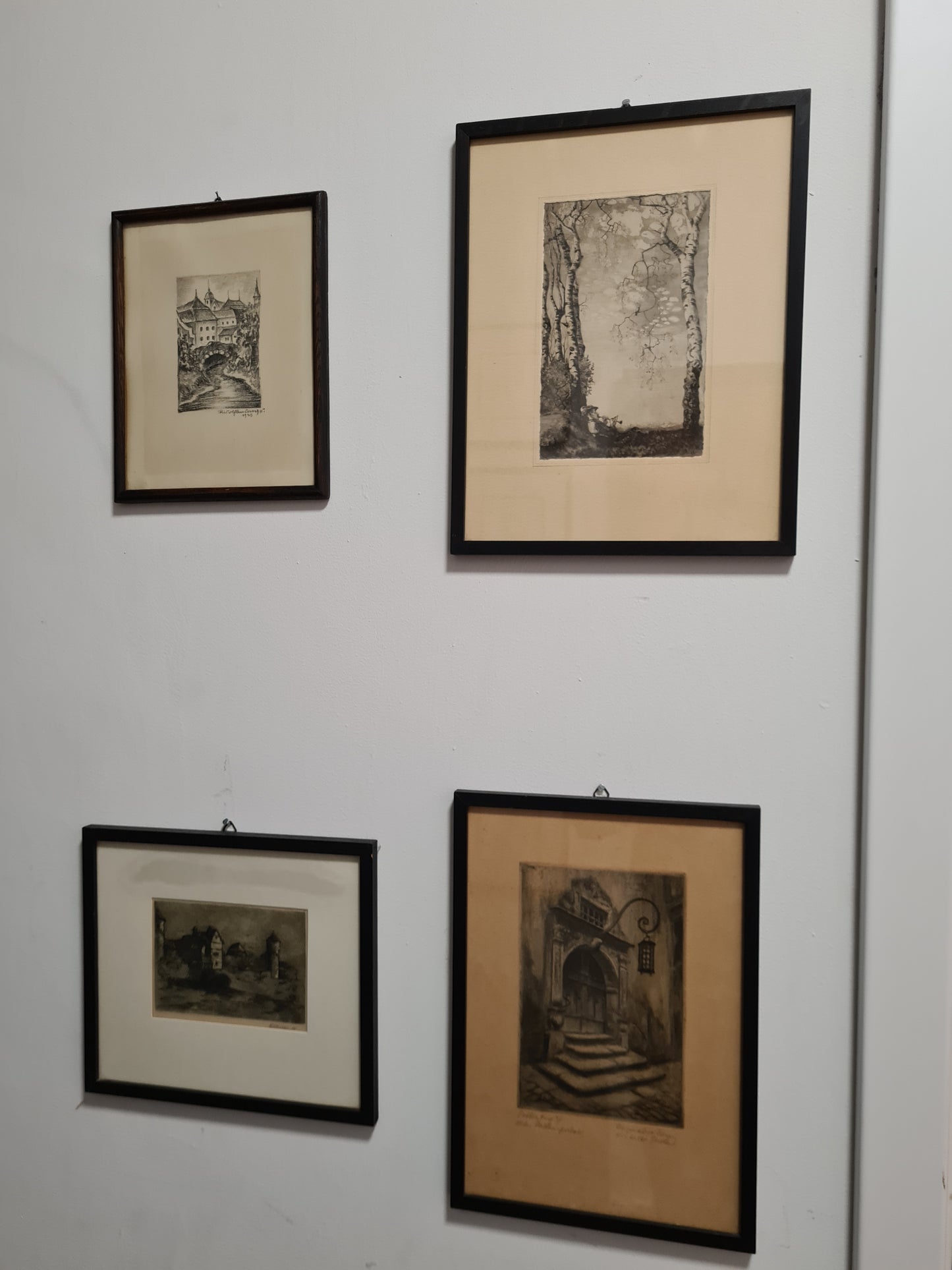 Original Radierung 4er set Landschaft Malerei Holzrahmen 30x34cm