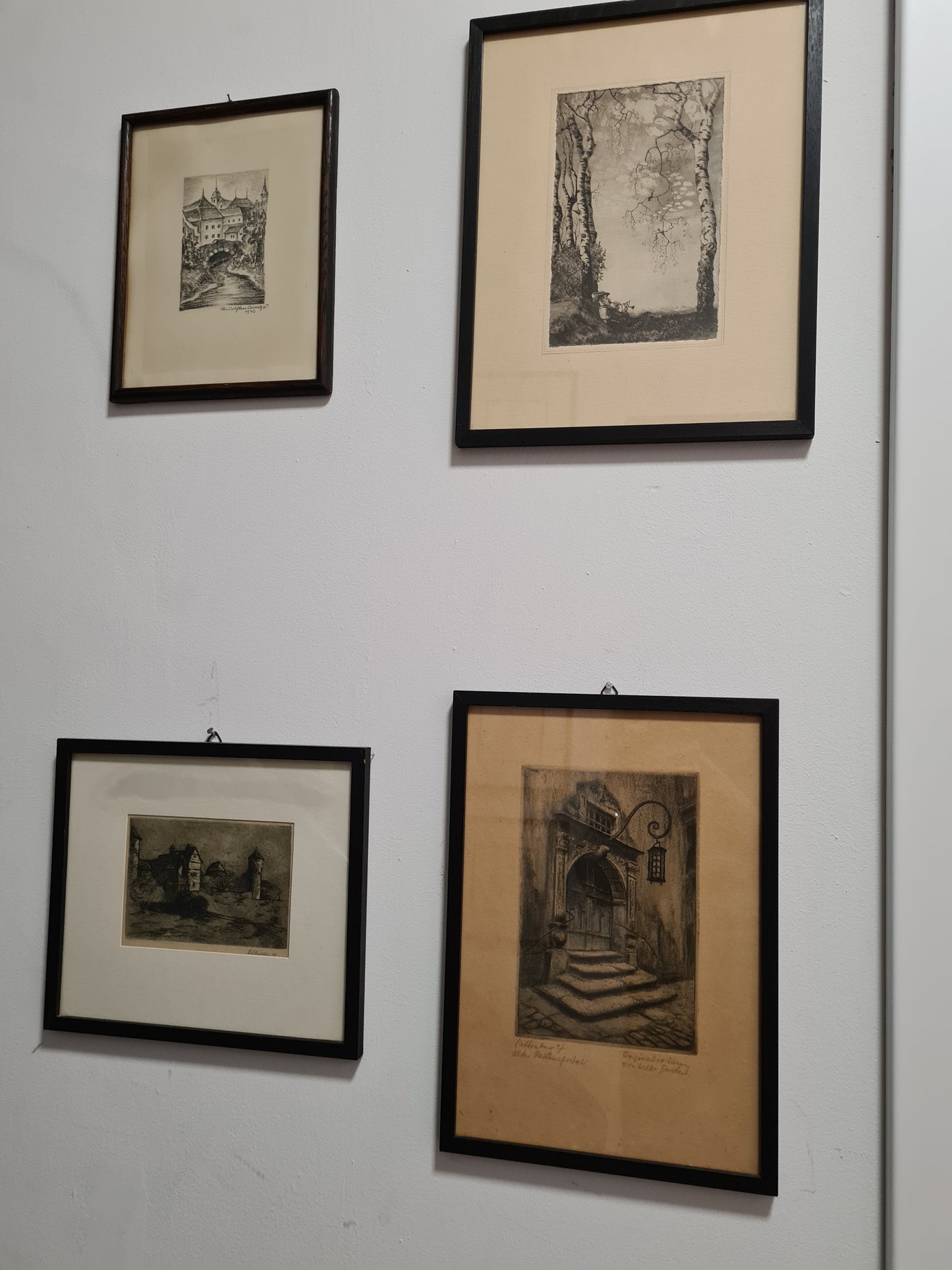 Original Radierung 4er set Landschaft Malerei Holzrahmen 30x34cm