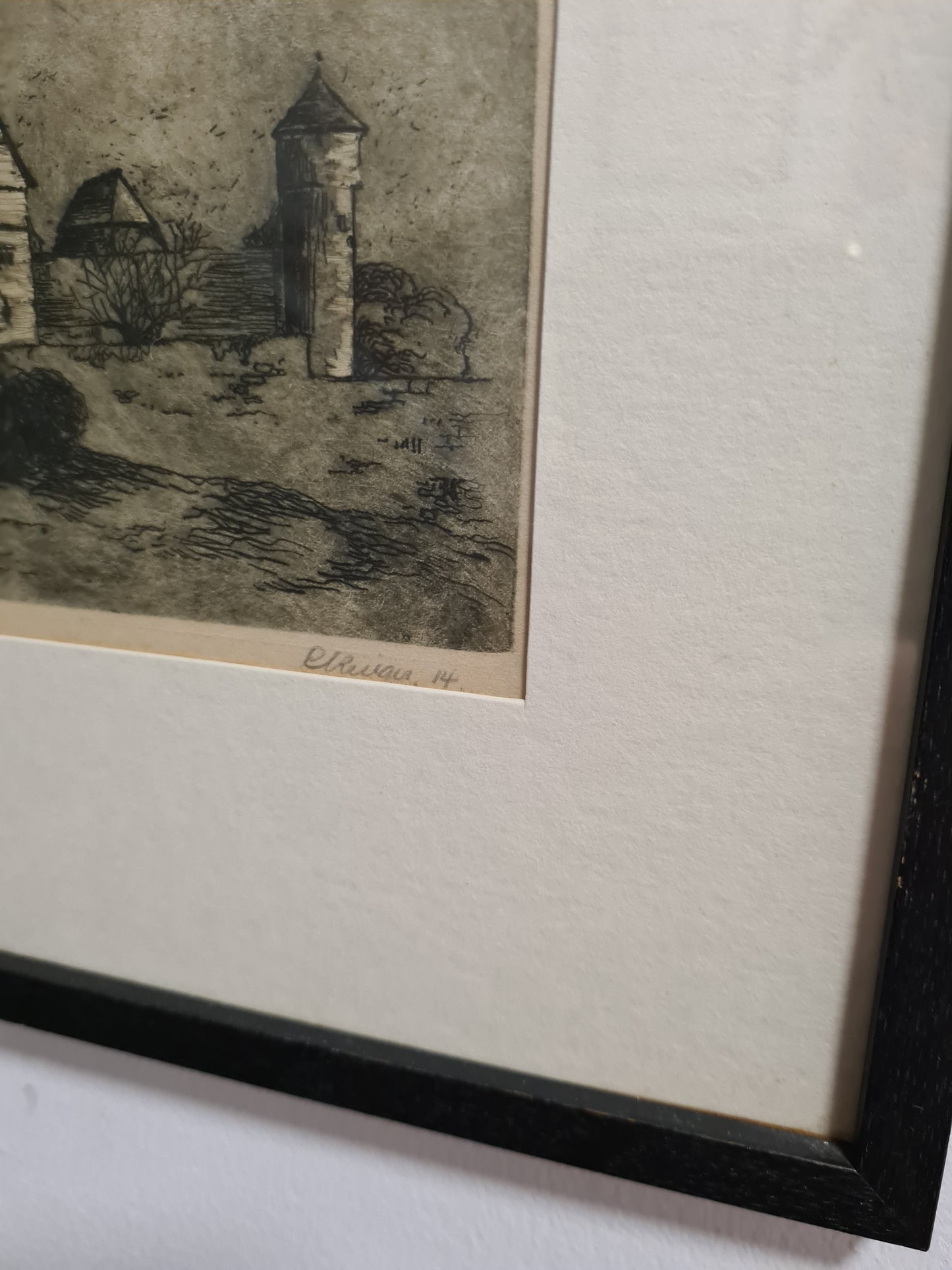 Original Radierung 4er set Landschaft Malerei Holzrahmen 30x34cm