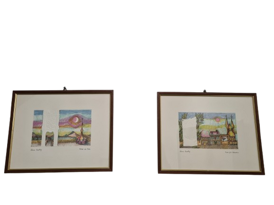 Werner Kräftig "Portal der Fische" Radierung 2er Set gerahmt 28x23cm