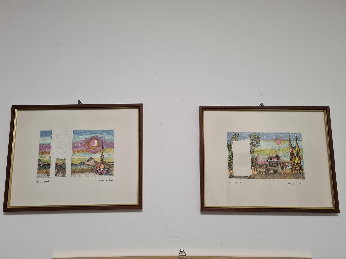 Werner Kräftig "Portal der Fische" Radierung 2er Set gerahmt 28x23cm