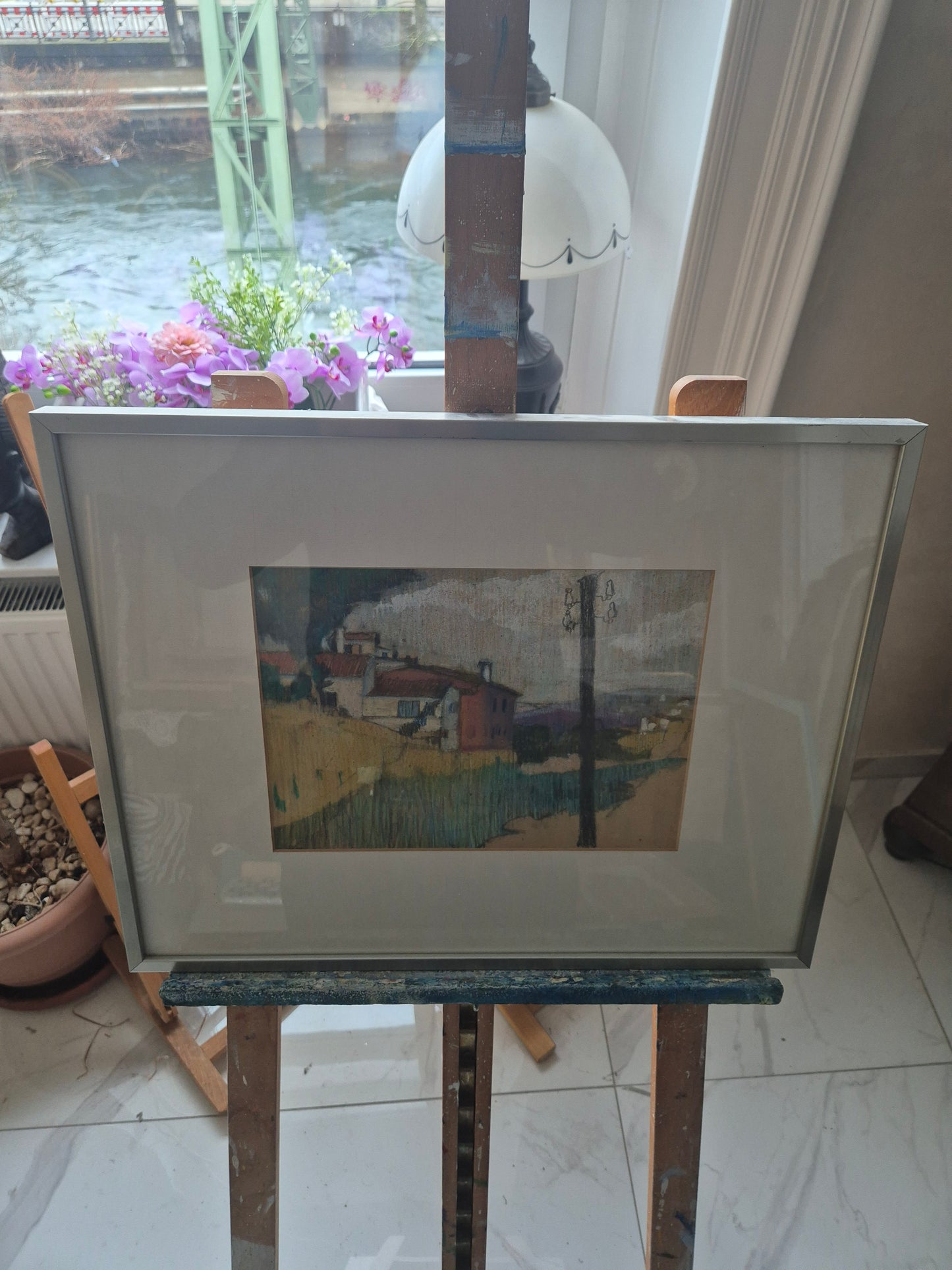 Gemälde Bleistift Mischtechnik Weitere Landschaft mit Häusern 43x33cm