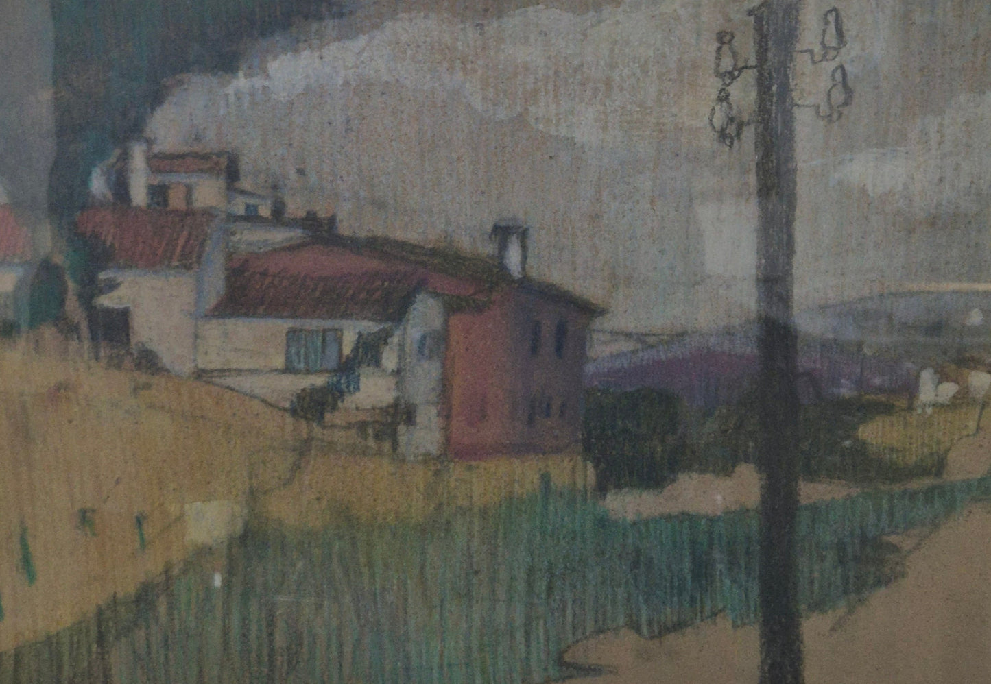 Gemälde Bleistift Mischtechnik Weitere Landschaft mit Häusern 43x33cm