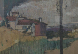 Gemälde Bleistift Mischtechnik Weitere Landschaft mit Häusern 43x33cm