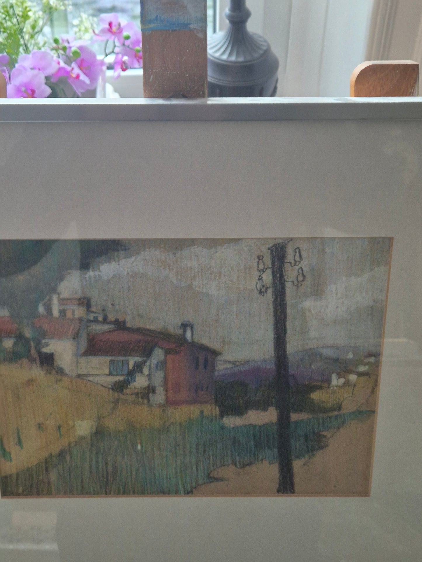 Gemälde Bleistift Mischtechnik Weitere Landschaft mit Häusern 43x33cm