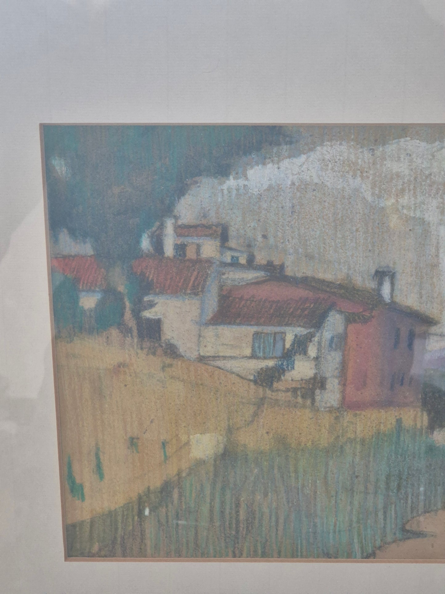 Gemälde Bleistift Mischtechnik Weitere Landschaft mit Häusern 43x33cm