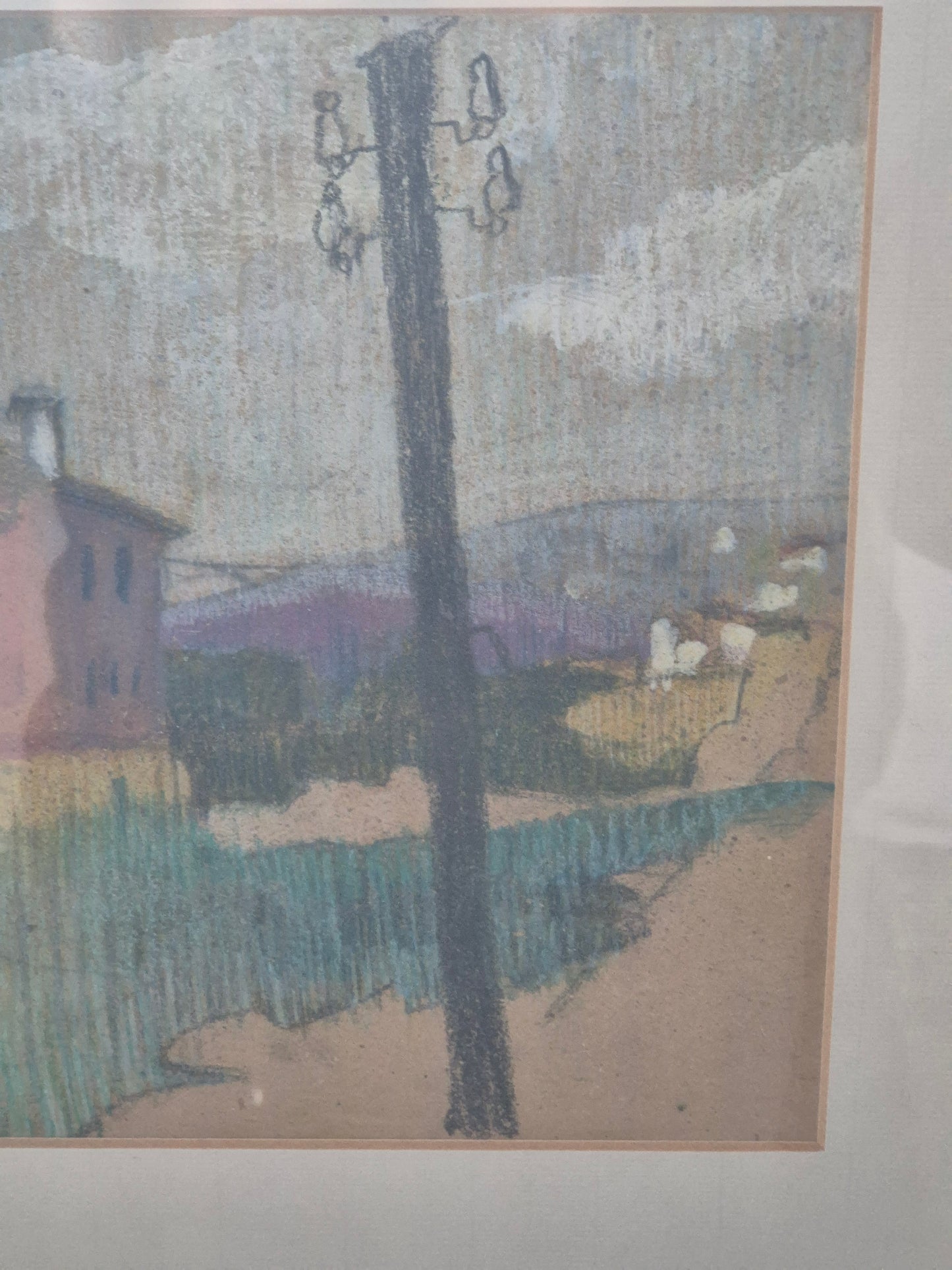 Gemälde Bleistift Mischtechnik Weitere Landschaft mit Häusern 43x33cm